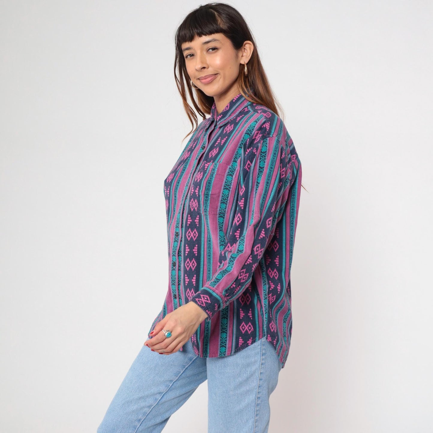 90s Southwestern Tribal Geometric Button-Up Shirt Purple Magenta Teal Large L