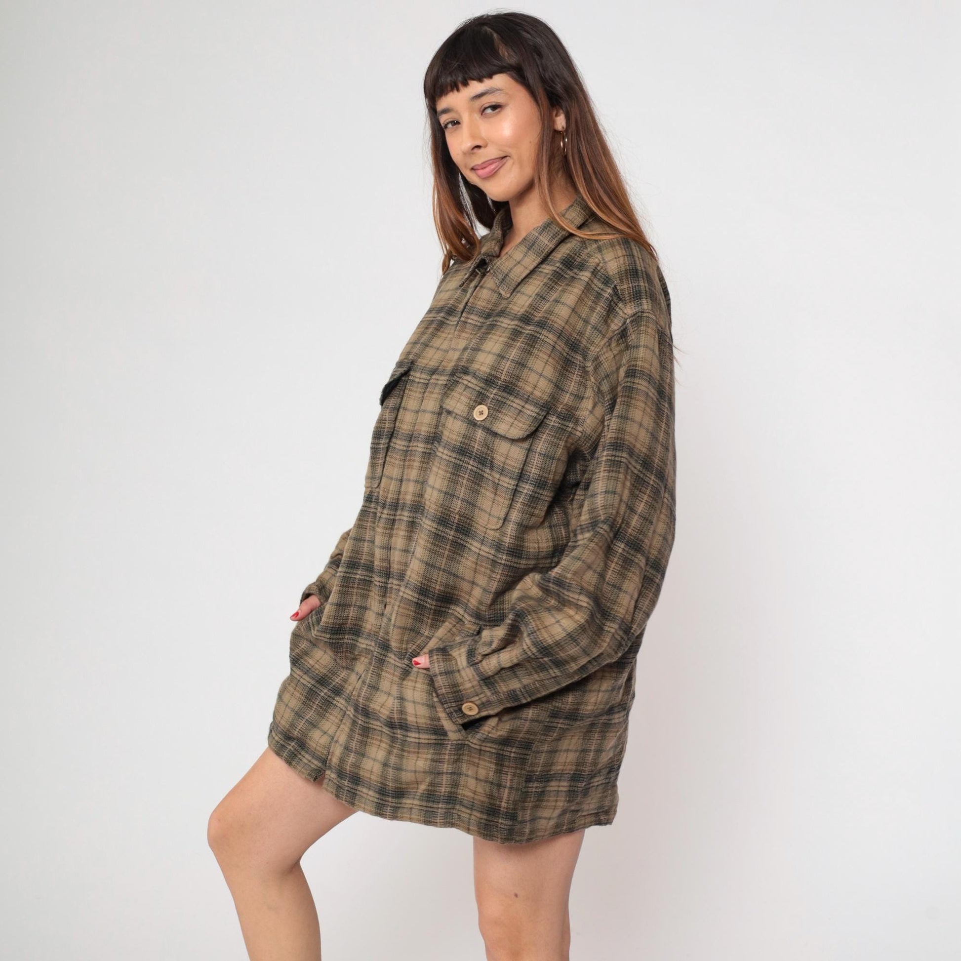 Y2K Shaver Lake Plaid Shirt Jacket Brown Green Checked Collared Large L