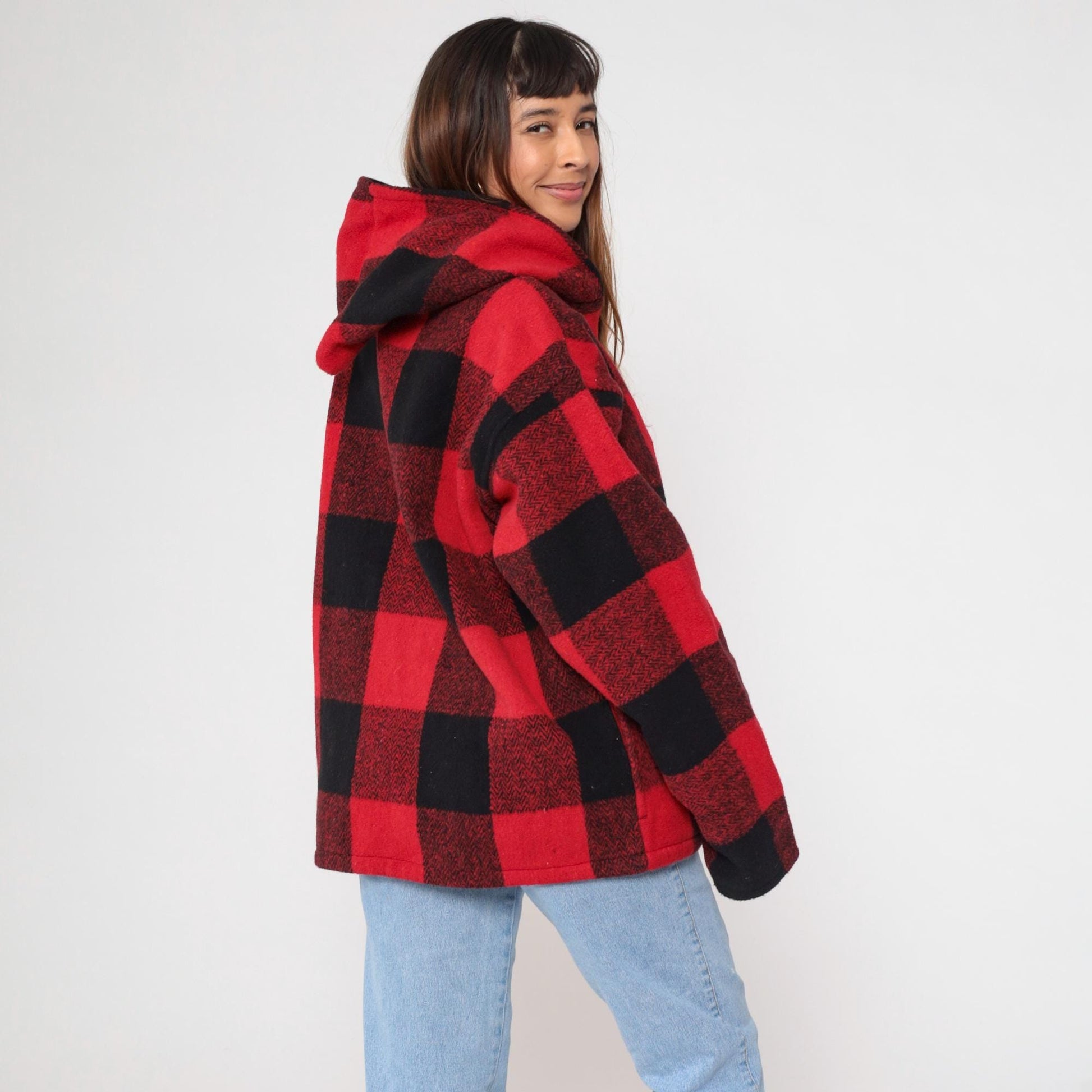 90s Buffalo Plaid Hoodie Red Black Half-Zip Earth Ragz Fleece Large L