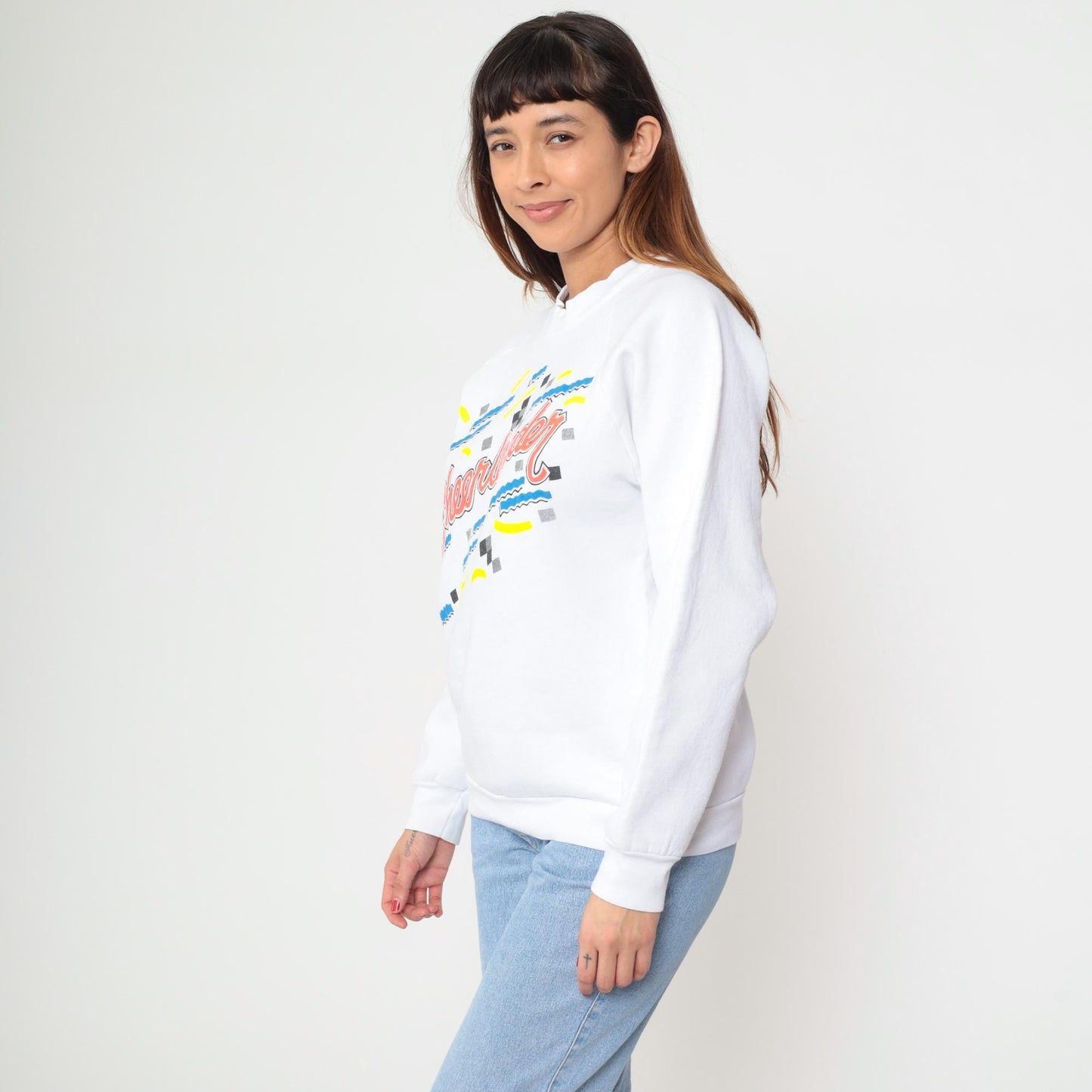 90s Cheerleader Sweatshirt White Graphic Raglan Pullover Large L