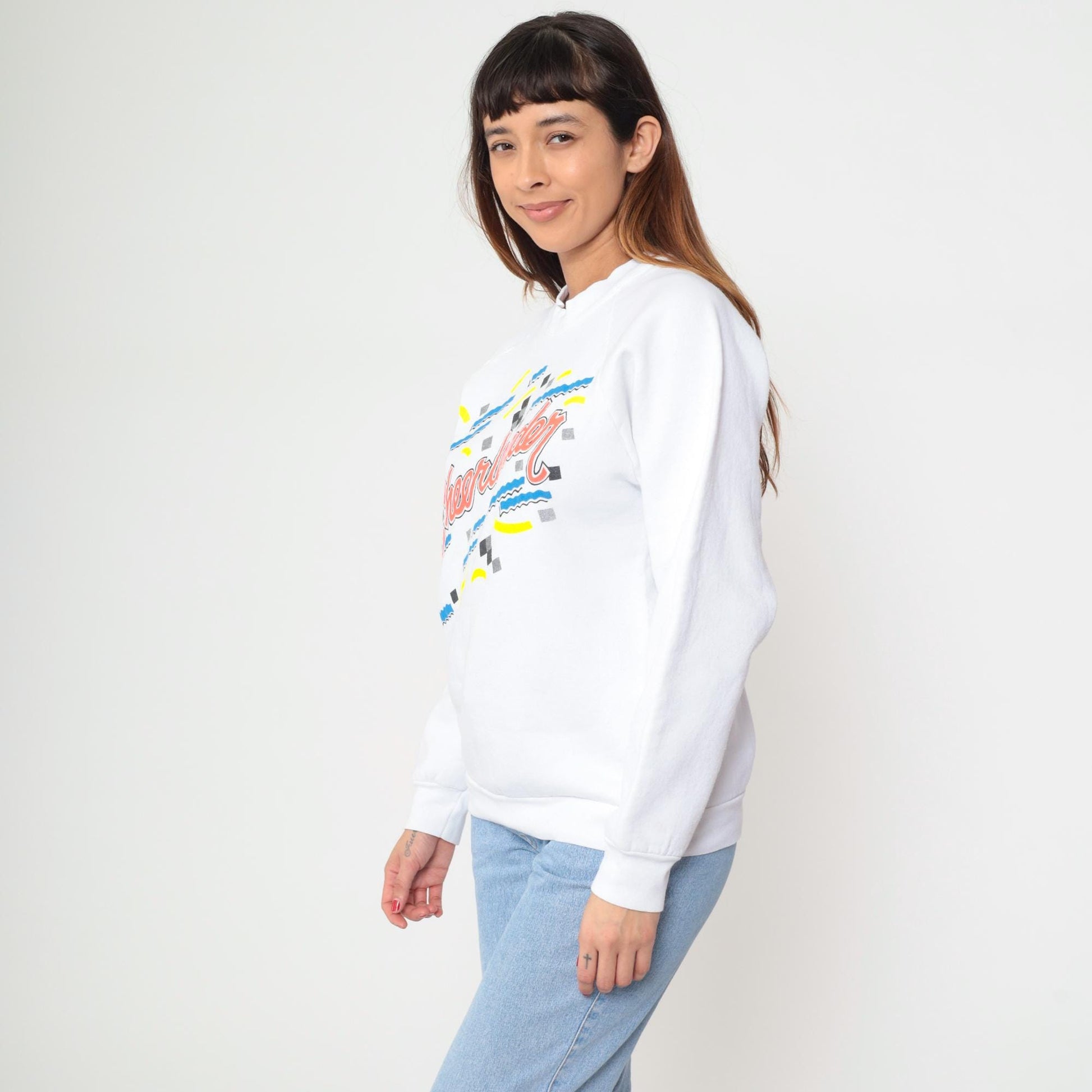 90s Cheerleader Sweatshirt White Graphic Raglan Pullover Large L
