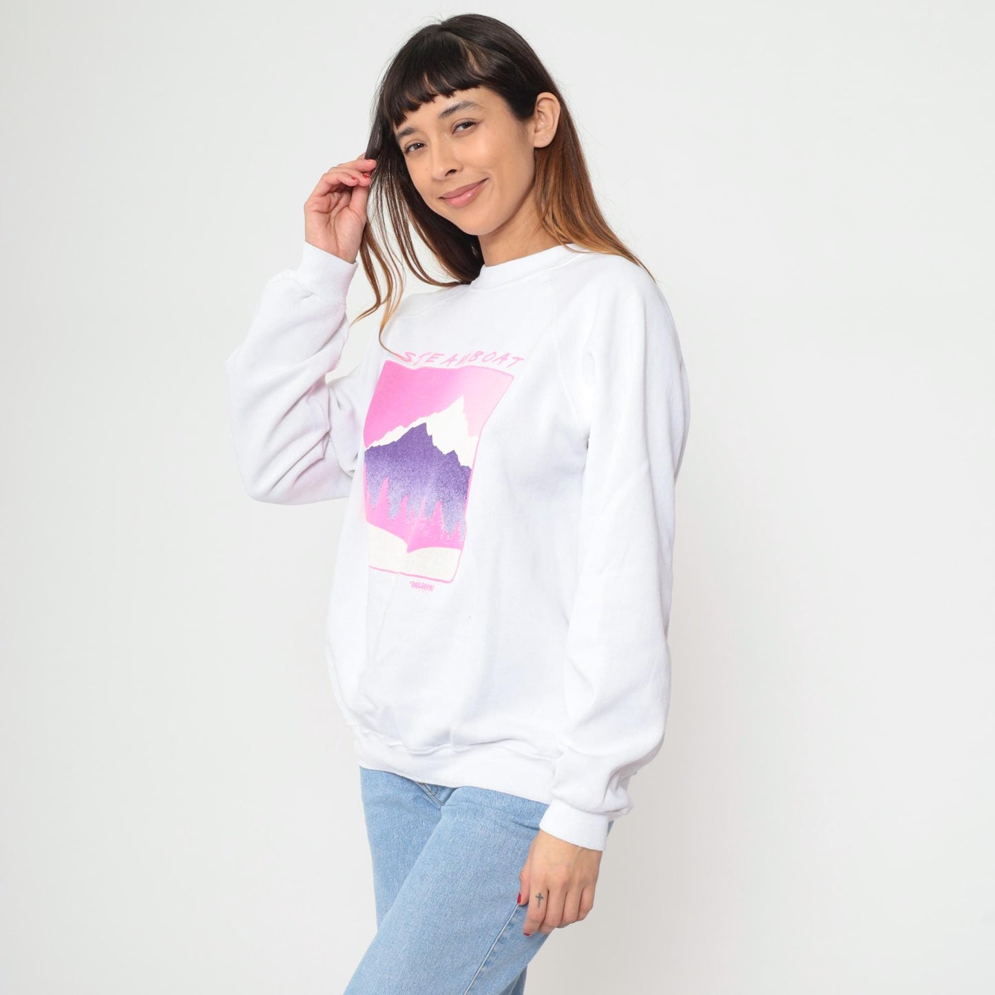 90s Steamboat Mountain Hanes Sweatshirt White Raglan Graphic XL