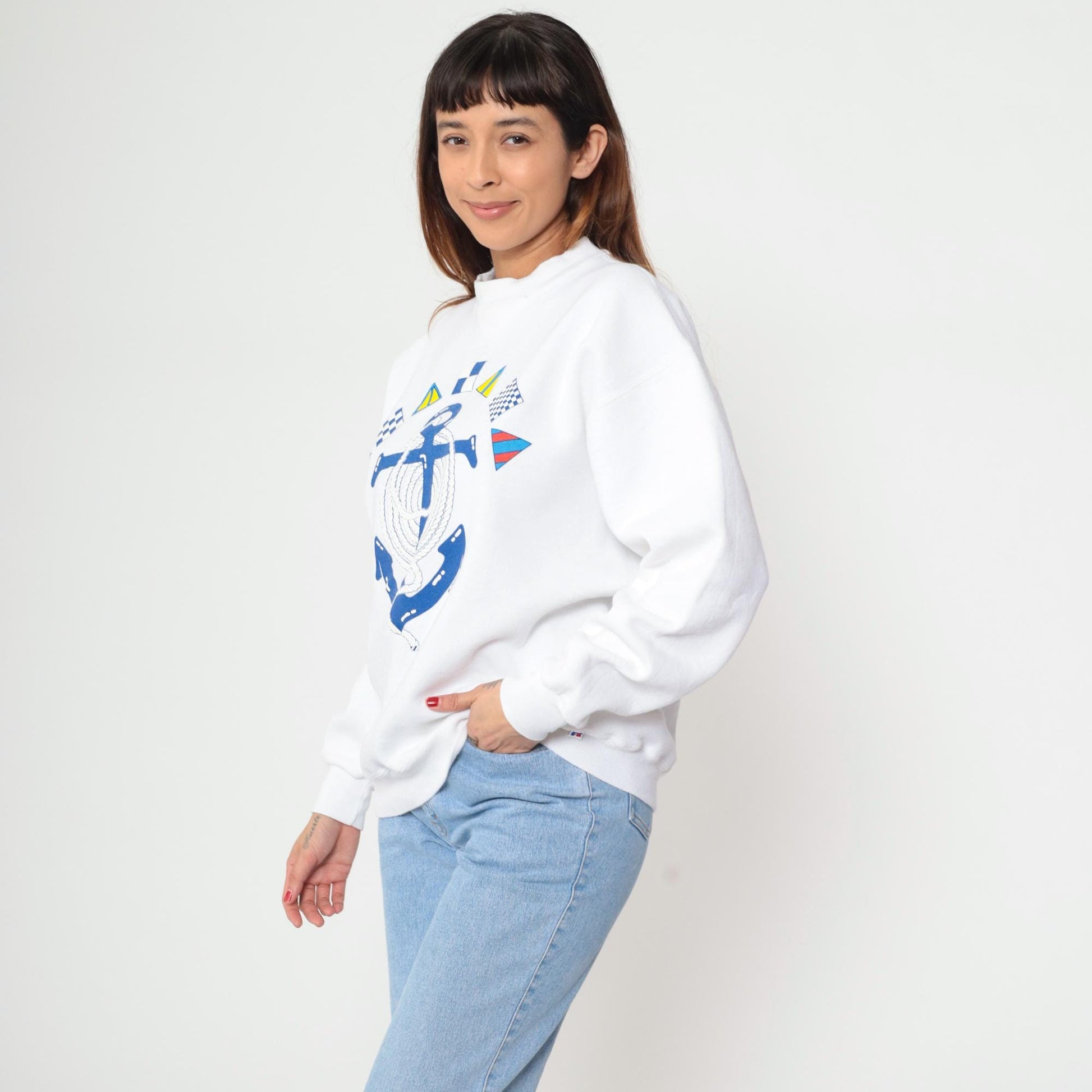 90s Russell Athletic Nautical Anchor Sweatshirt White Embroidered Signal Flags Extra Large XL