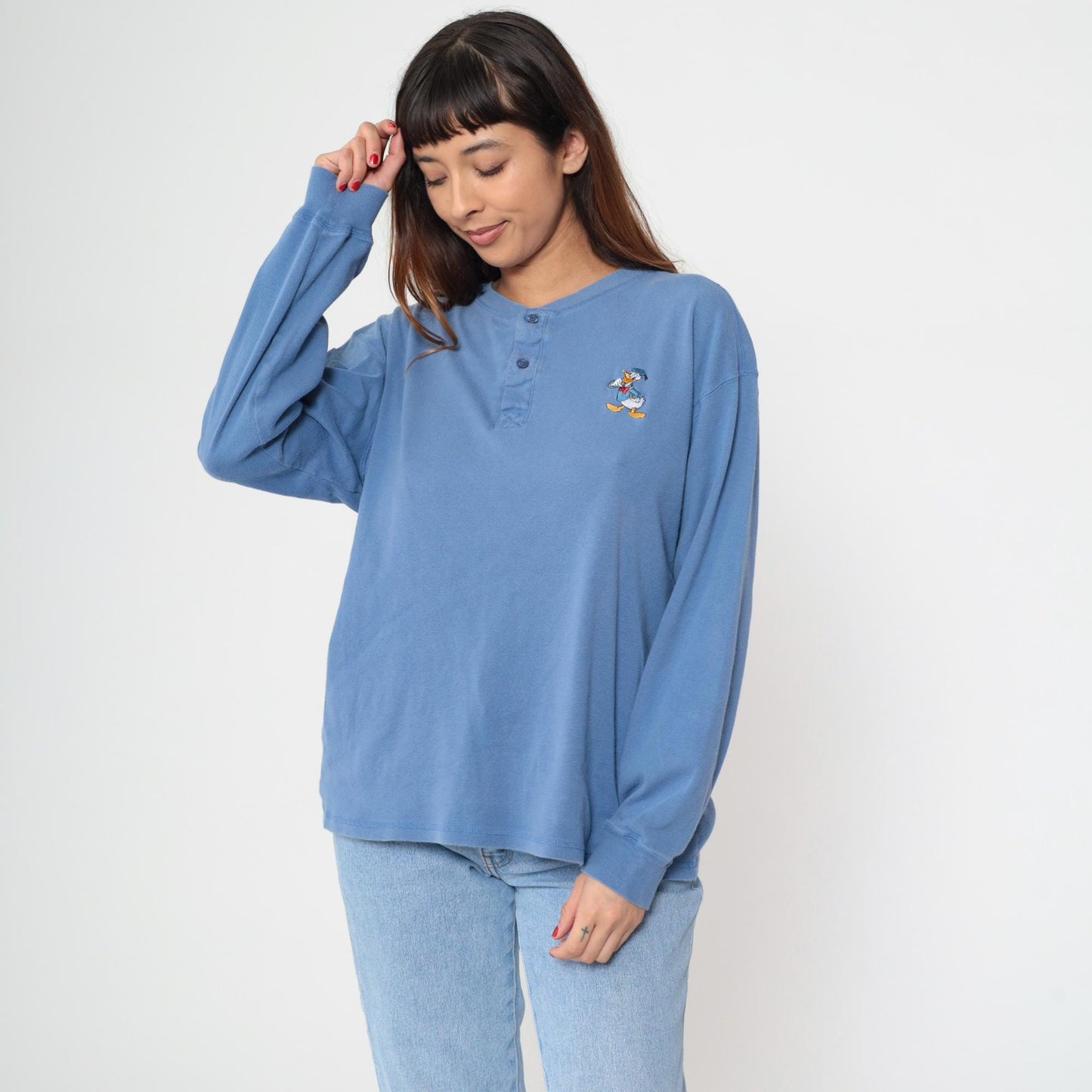 90s Donald Duck Henley Shirt Periwinkle Blue Embroidered Cotton Medium