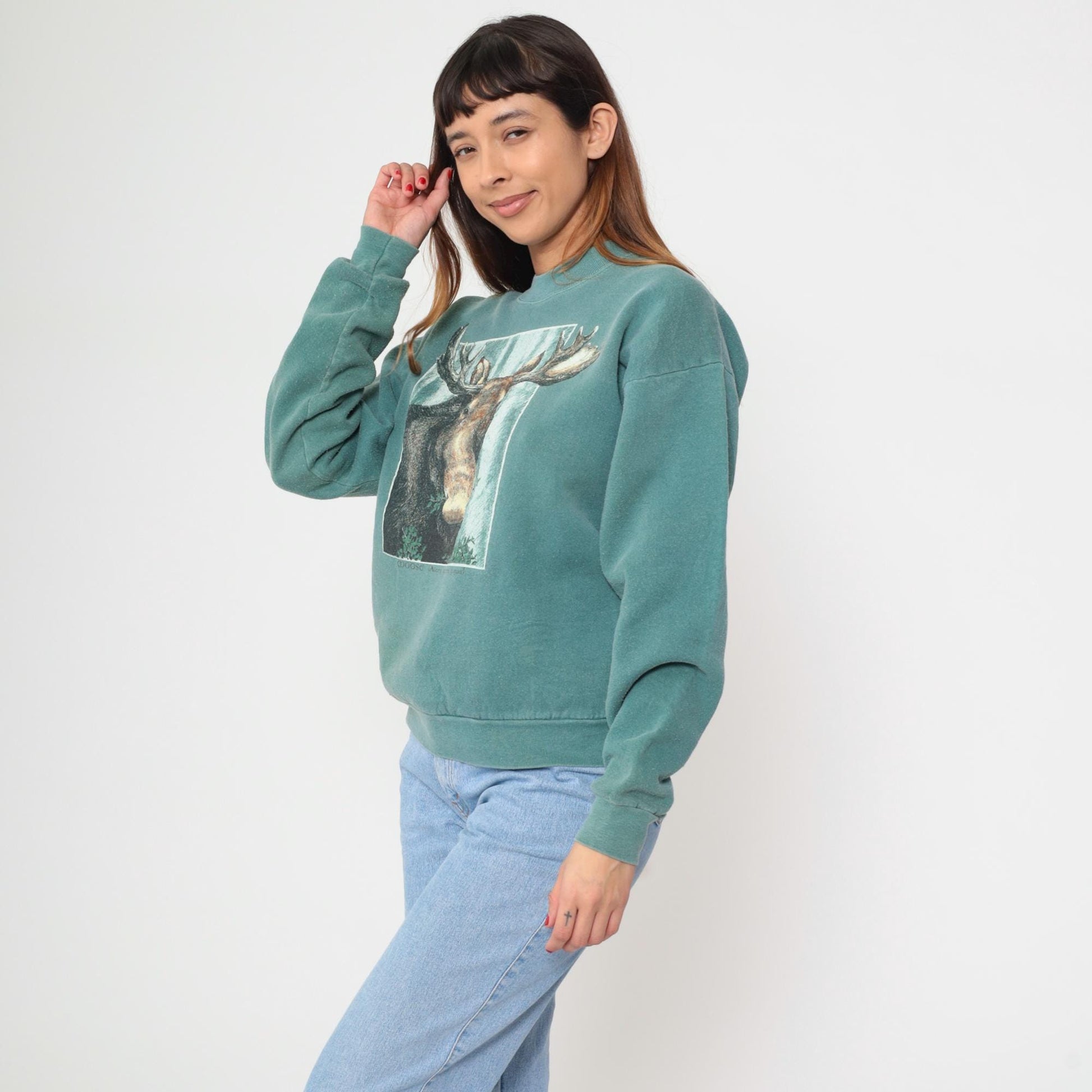 90s Moose Graphic Sweatshirt Sage Green Crewneck Pullover Large L