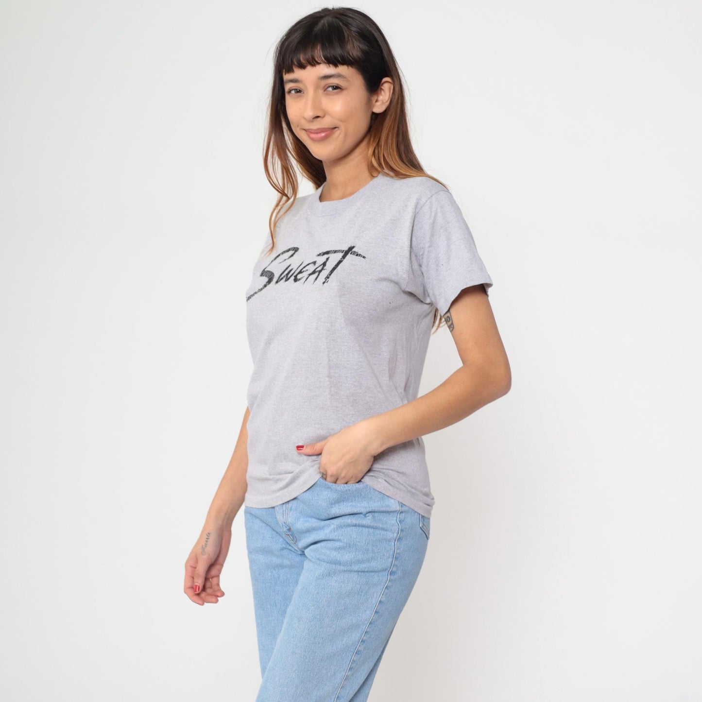80s SWEAT Graphic T-Shirt Grey Crewneck Short Sleeve Medium