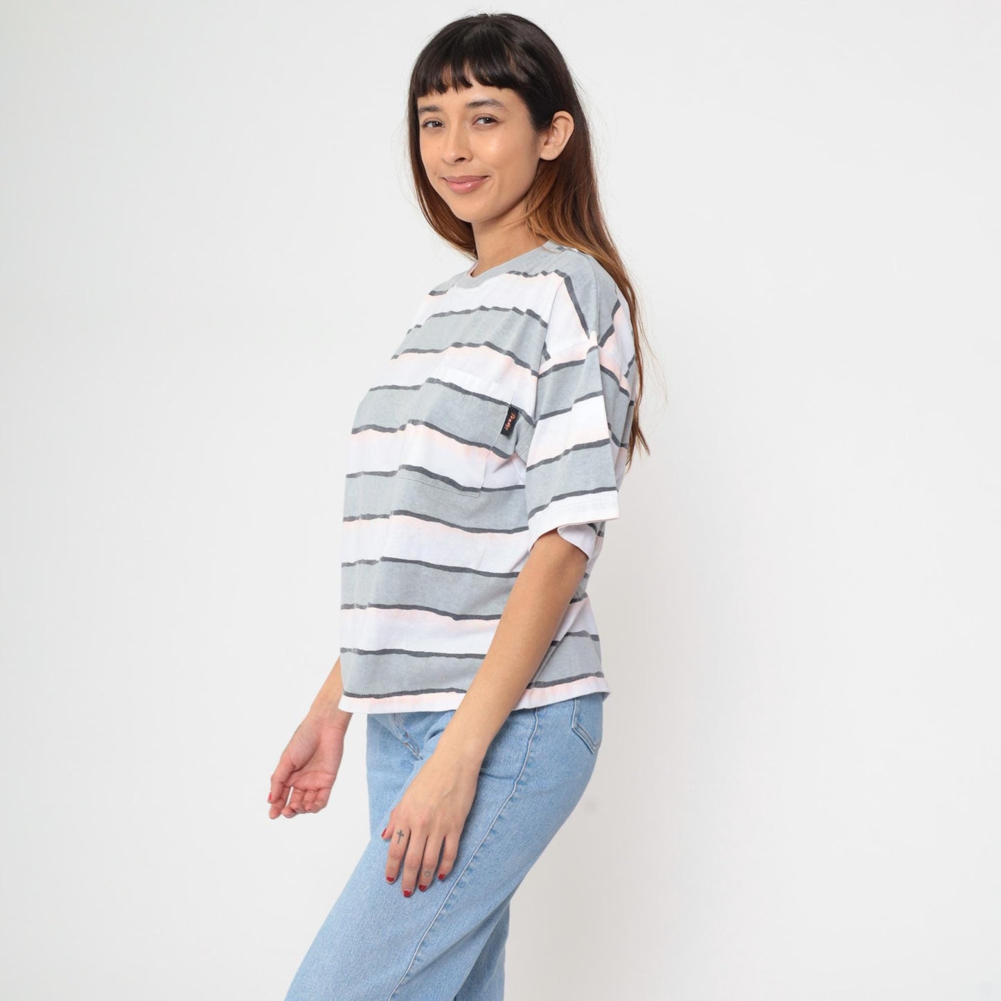 90s Striped T-Shirt Grey White Pink Charcoal Horizontal Crew Neck Medium
