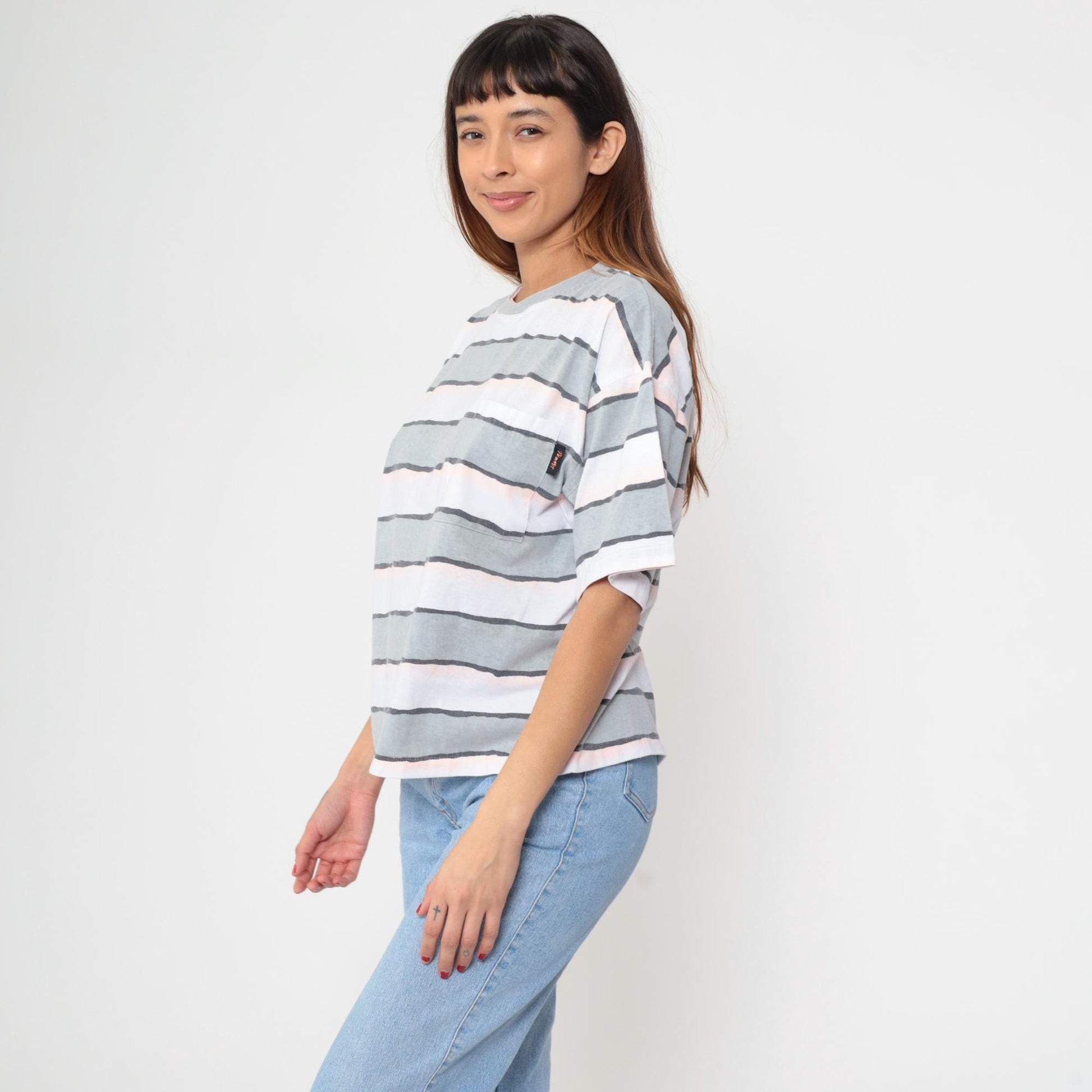 90s Striped T-Shirt Grey White Pink Charcoal Horizontal Crew Neck Medium