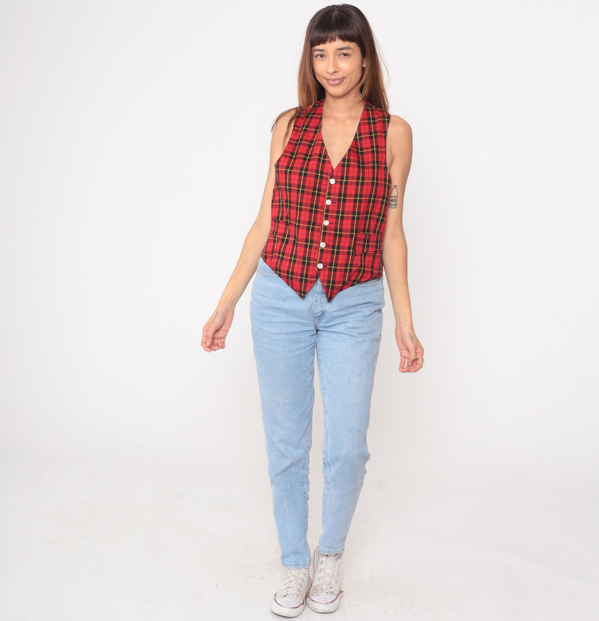 80s Red Plaid Wool Vest Button-Front V-Neck Sleeveless Small S