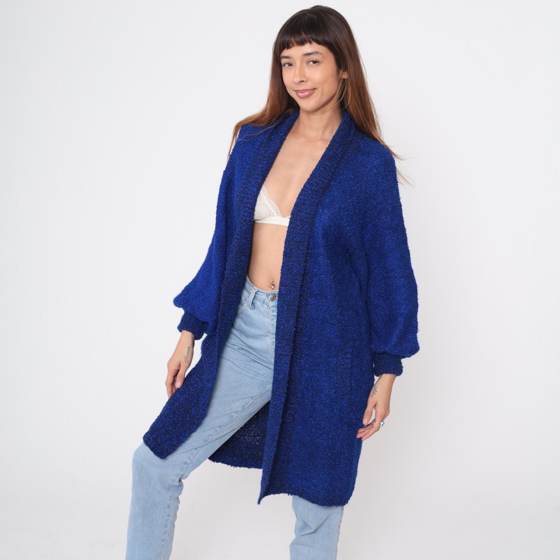 90s Sideffects Royal Blue Boucle Cardigan Duster Knee-Length Medium M