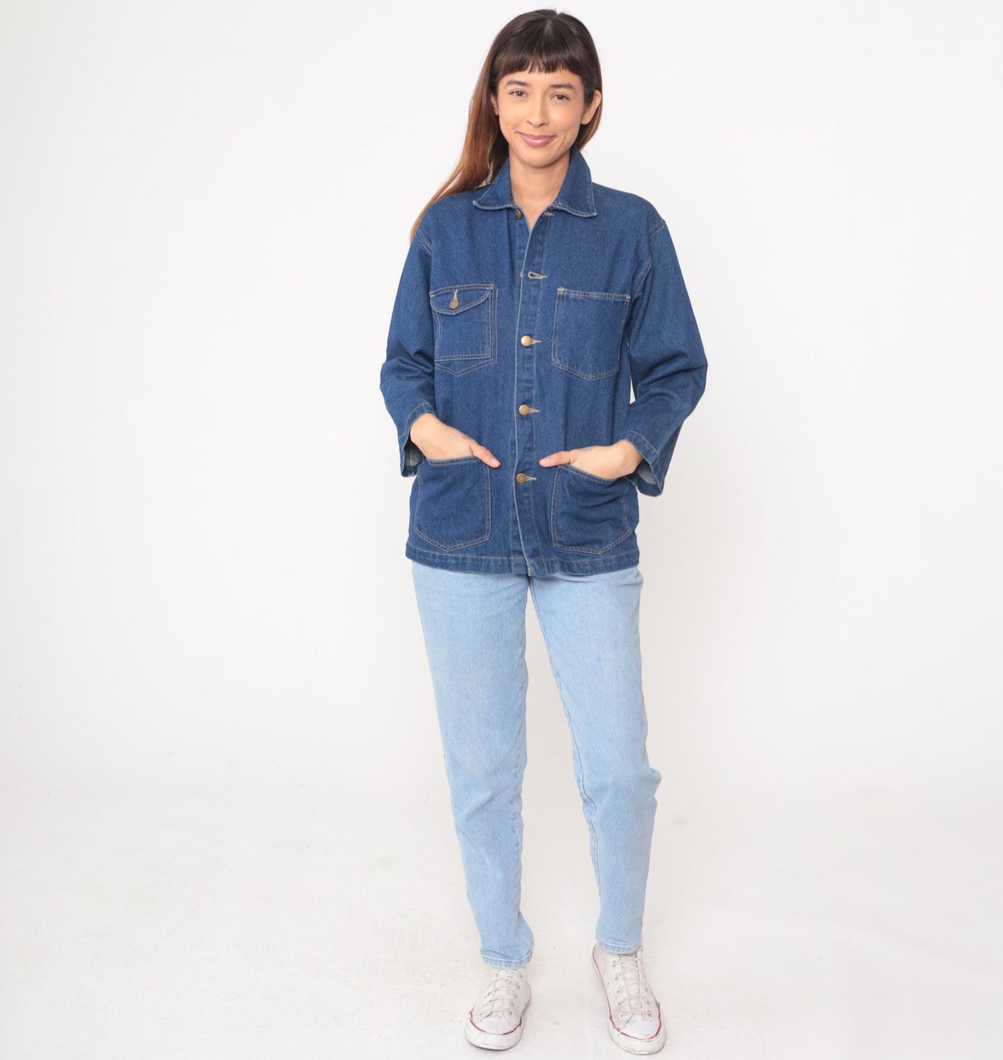 80s High Sierra Denim Chore Coat Blue Cotton Point Collar Small