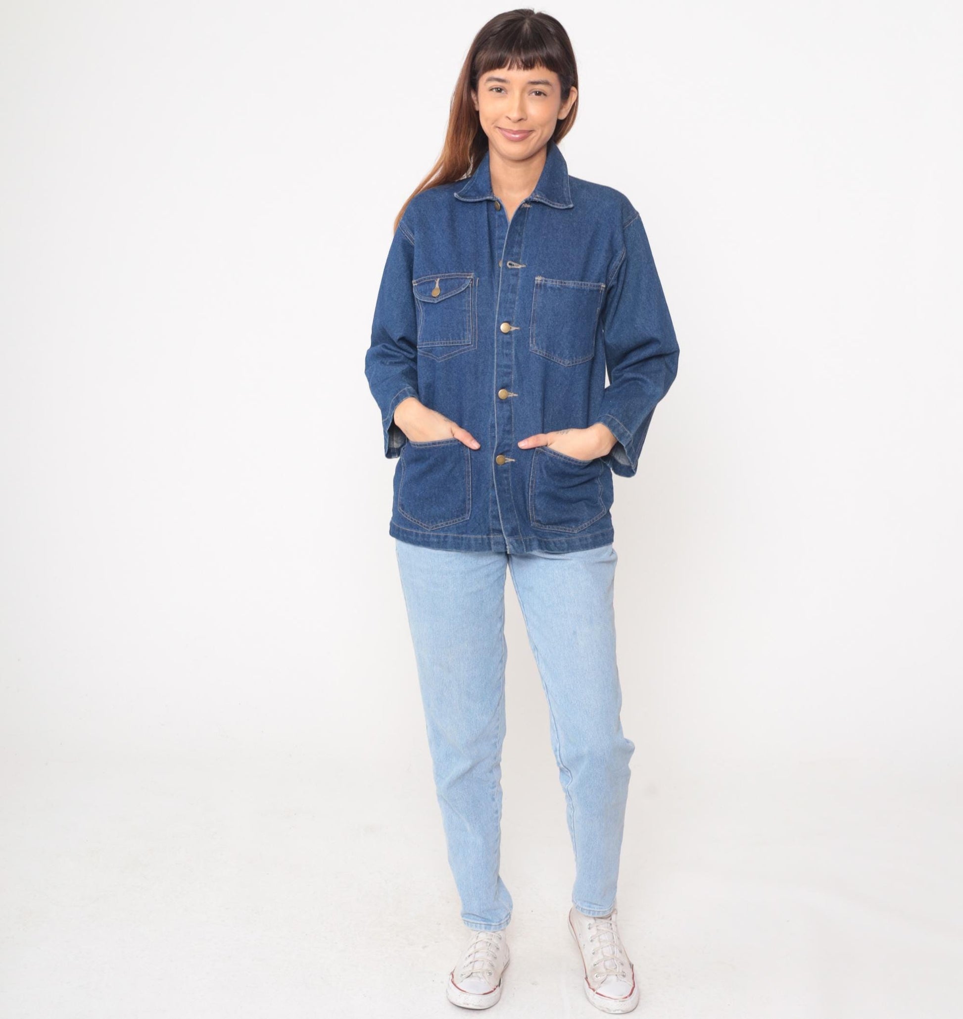 80s High Sierra Denim Chore Coat Blue Cotton Point Collar Small