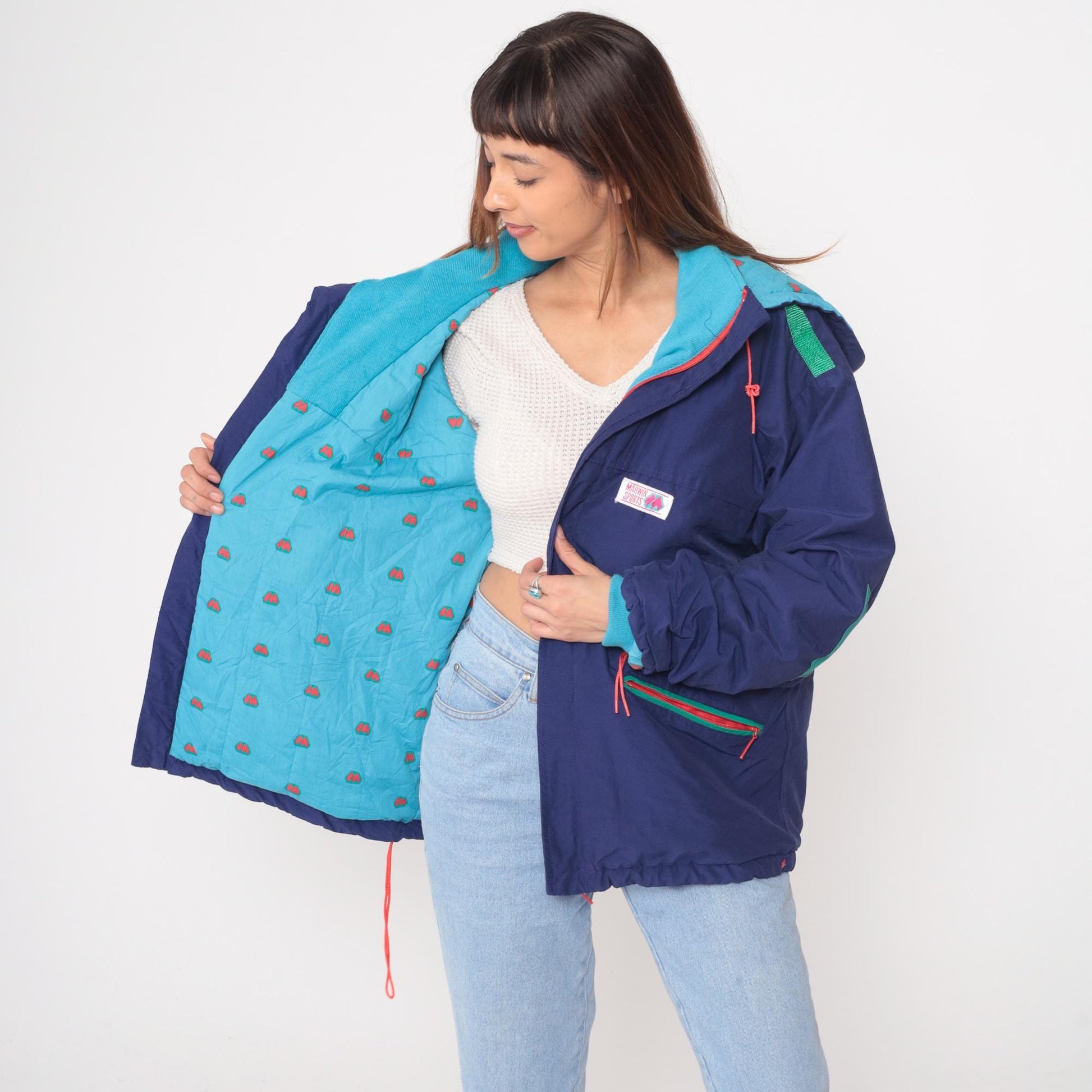80s Marwin Sports Colorblock Windbreaker Hooded Jacket Blue Small