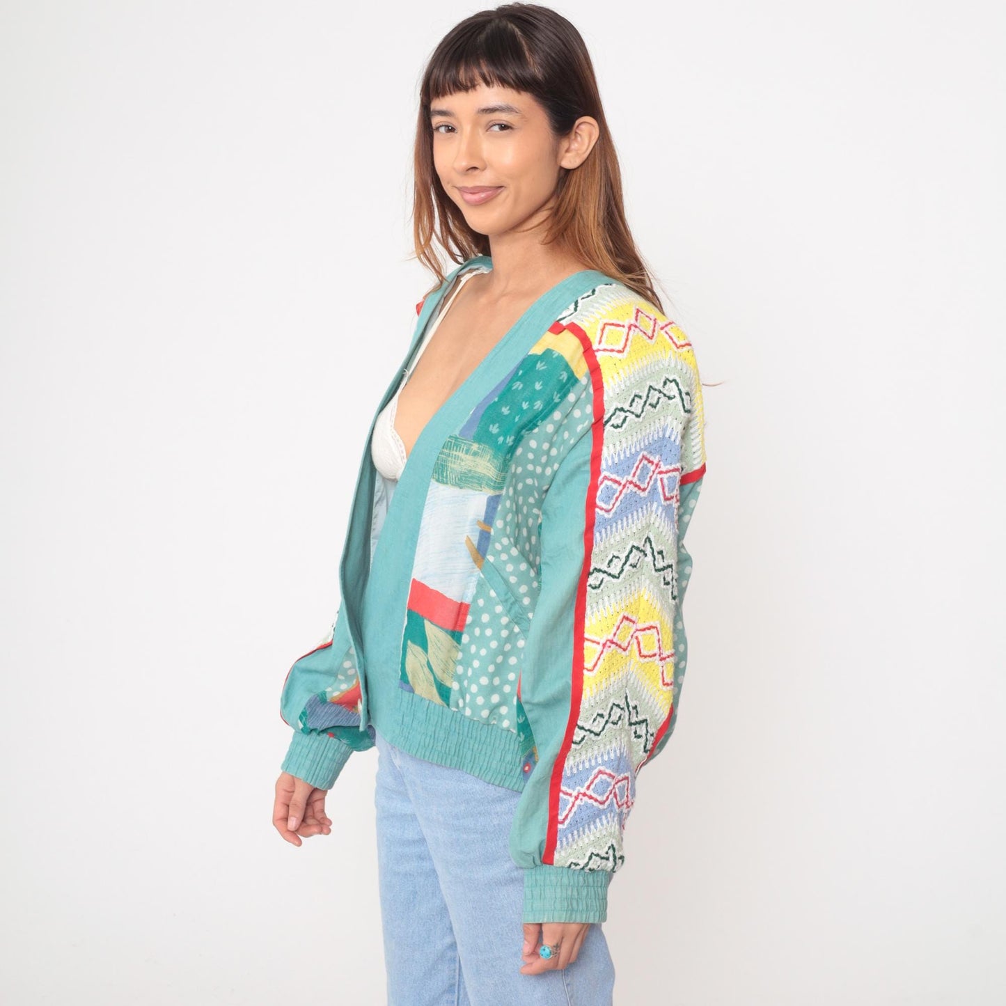 Y2K Howard Wolf Patchwork Cardigan Geometric Print Turquoise Medium M