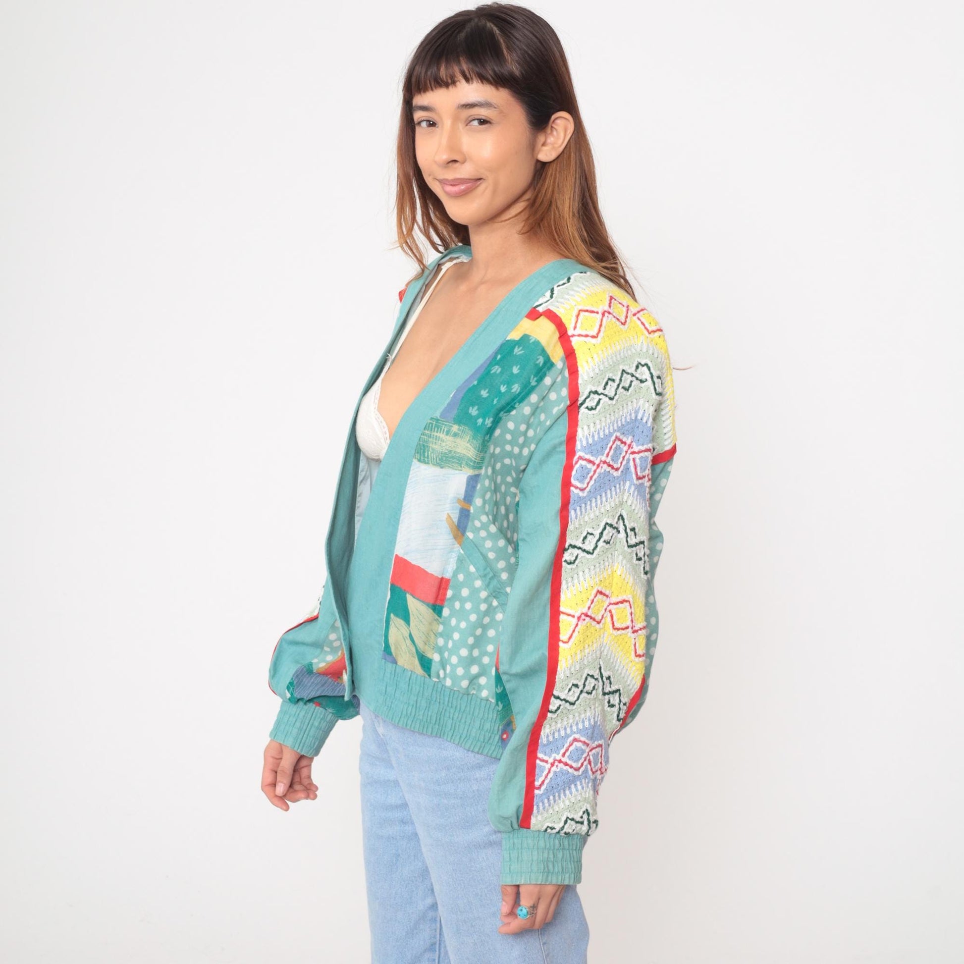 Y2K Howard Wolf Patchwork Cardigan Geometric Print Turquoise Medium M