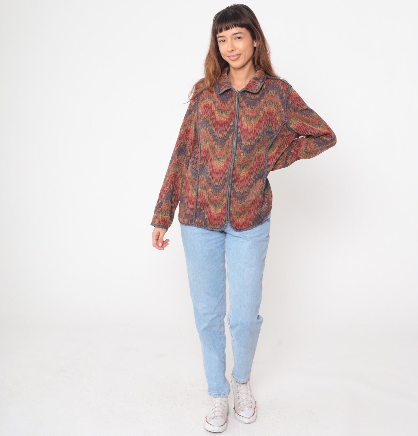 Y2K Chevron Zip Cardigan Multicolor Zigzag Knit Jacket Medium M