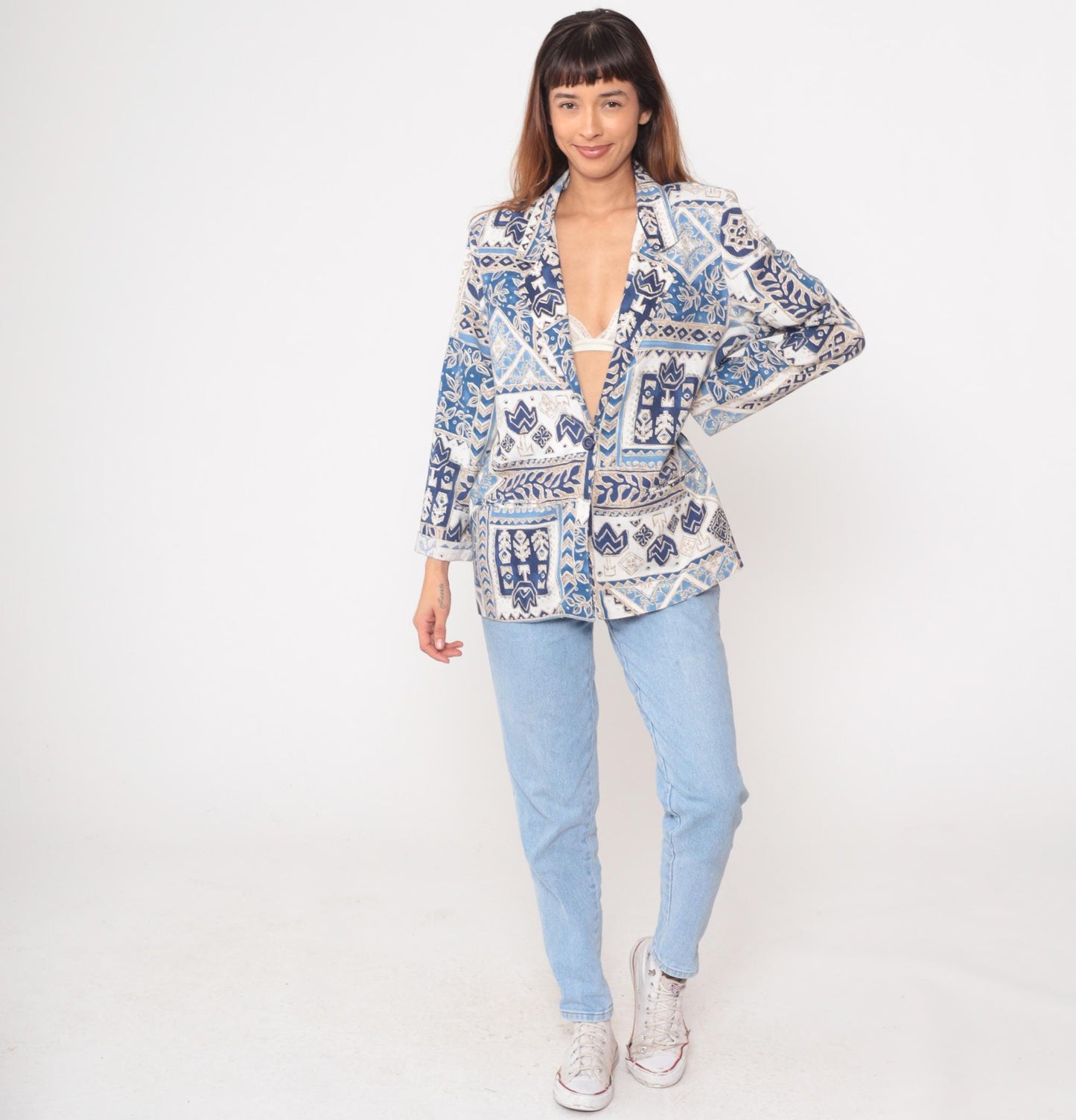 90s Blair Boutique Geometric Tile Blazer Blue White Cotton Medium