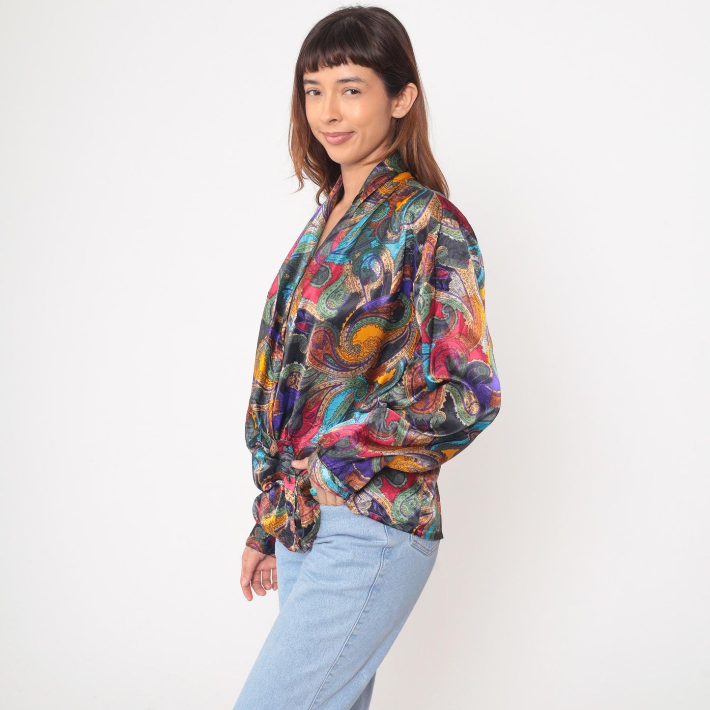 90s Nicola Paisley Wrap Blouse Multicolor Long Sleeve Large L