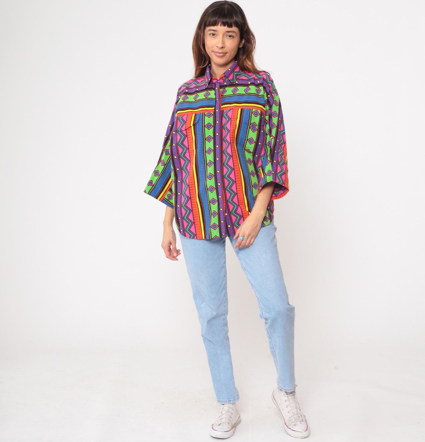 90s Westbound Geometric Button-Front Shirt Multicolor Neon Small S