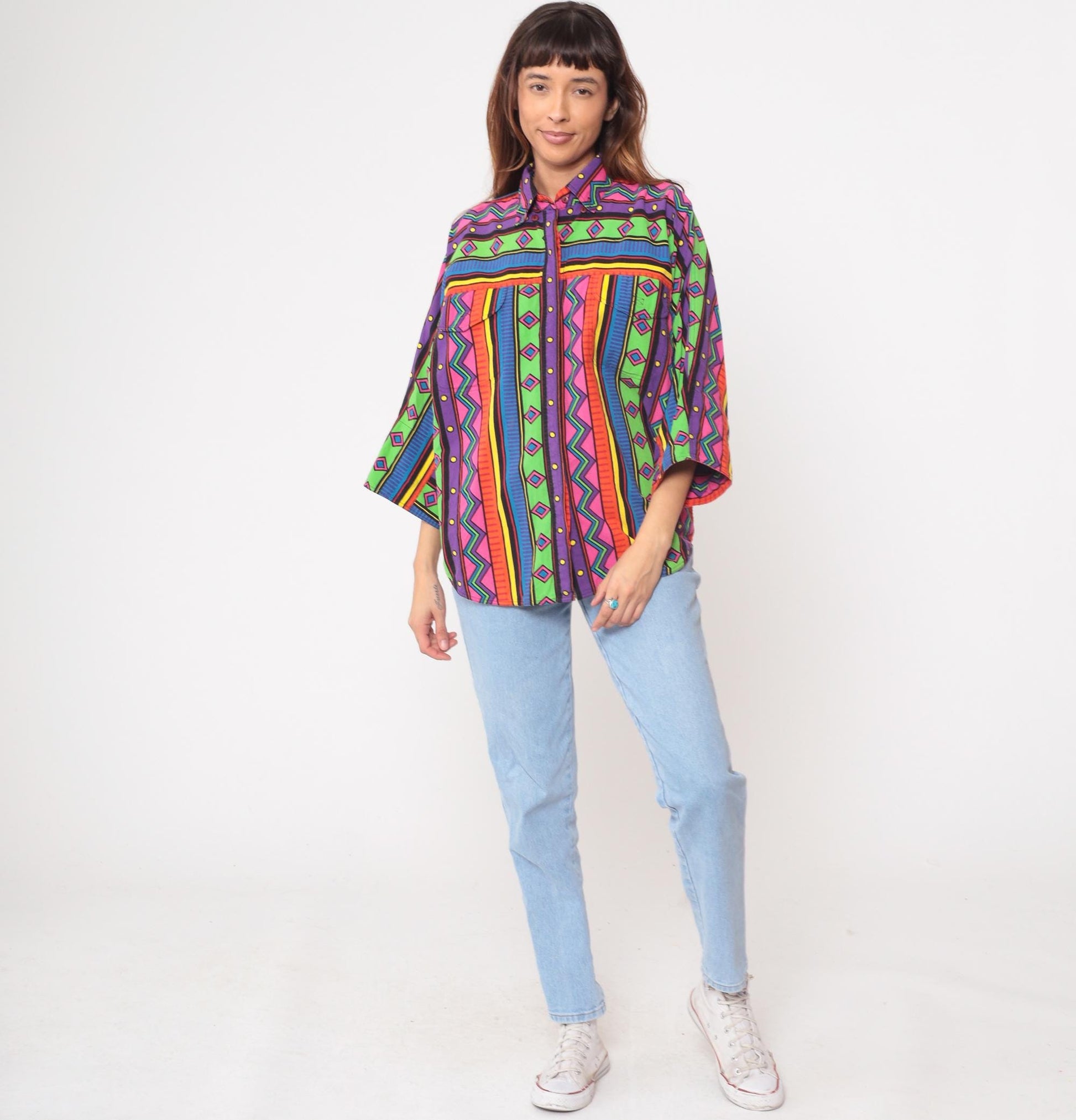 90s Westbound Geometric Button-Front Shirt Multicolor Neon Small S