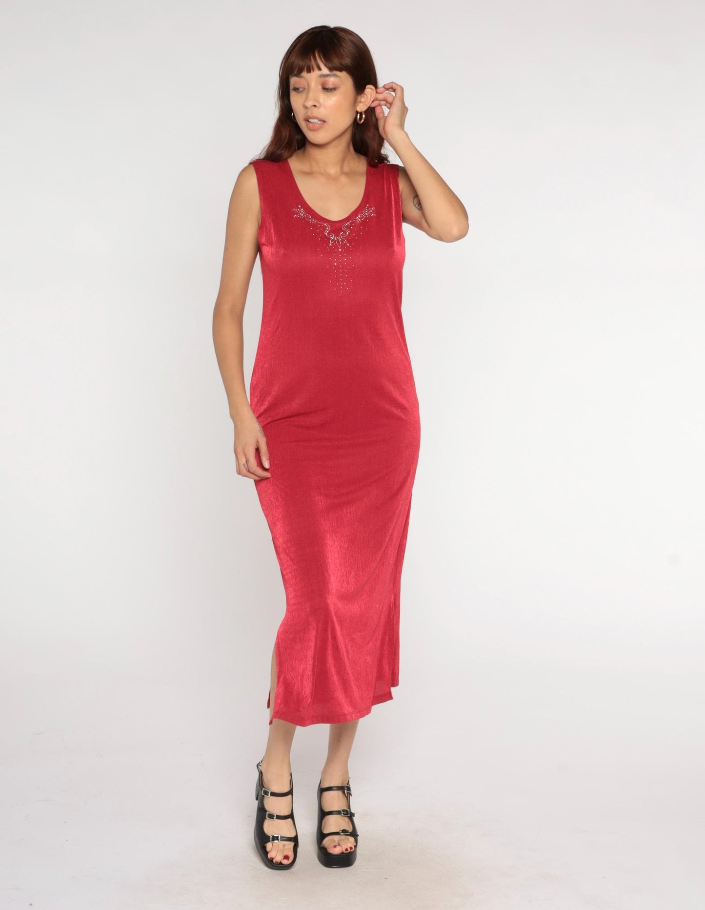90s Red Rhinestone V-Neck Midi Dress Sleeveless Bodycon Medium M