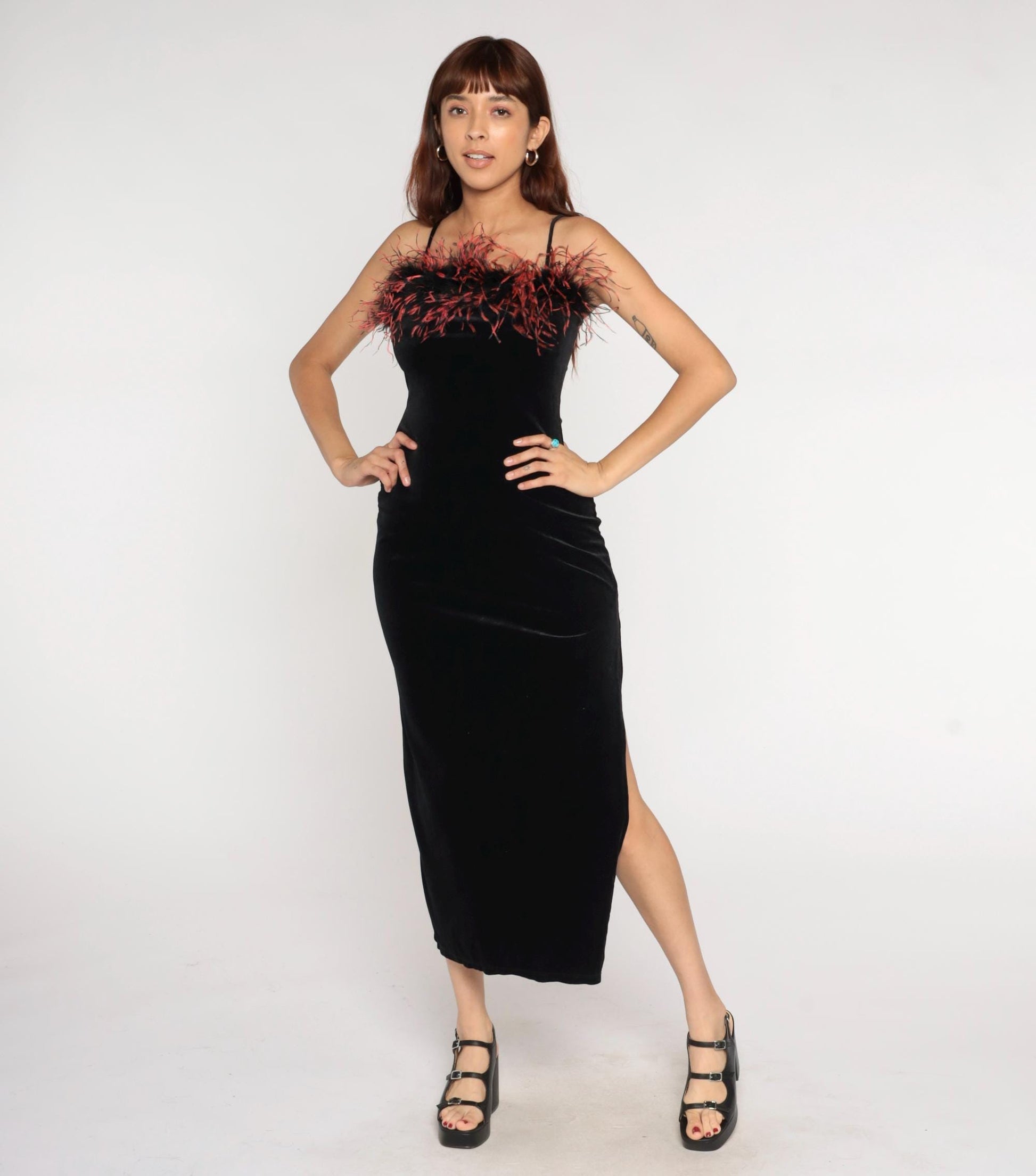 90s Black Velvet Maxi Dress Feather Trim Bodycon Slit Medium M