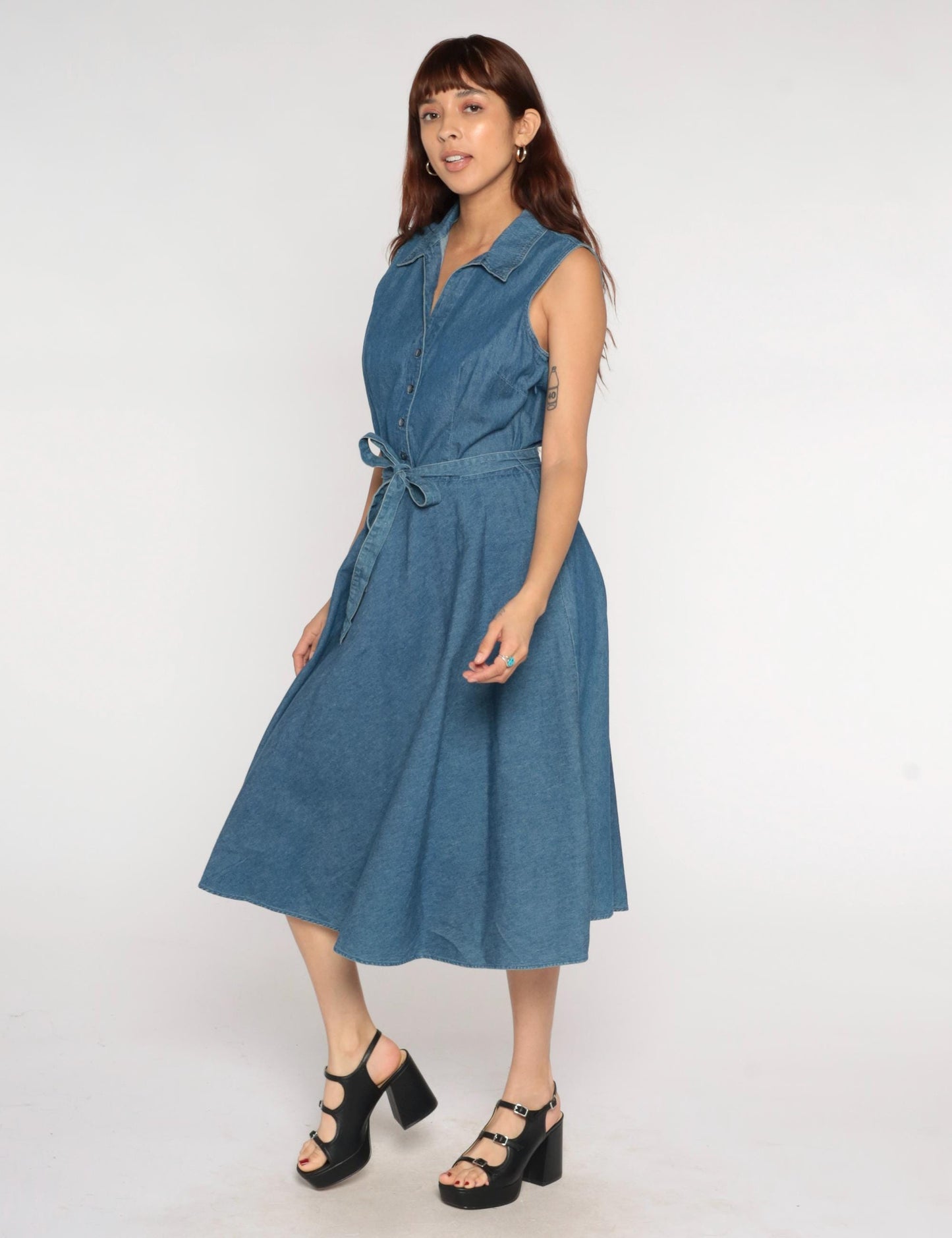 Y2K Denim Midi Dress Blue Chambray Sleeveless Collared Tie Waist Large L