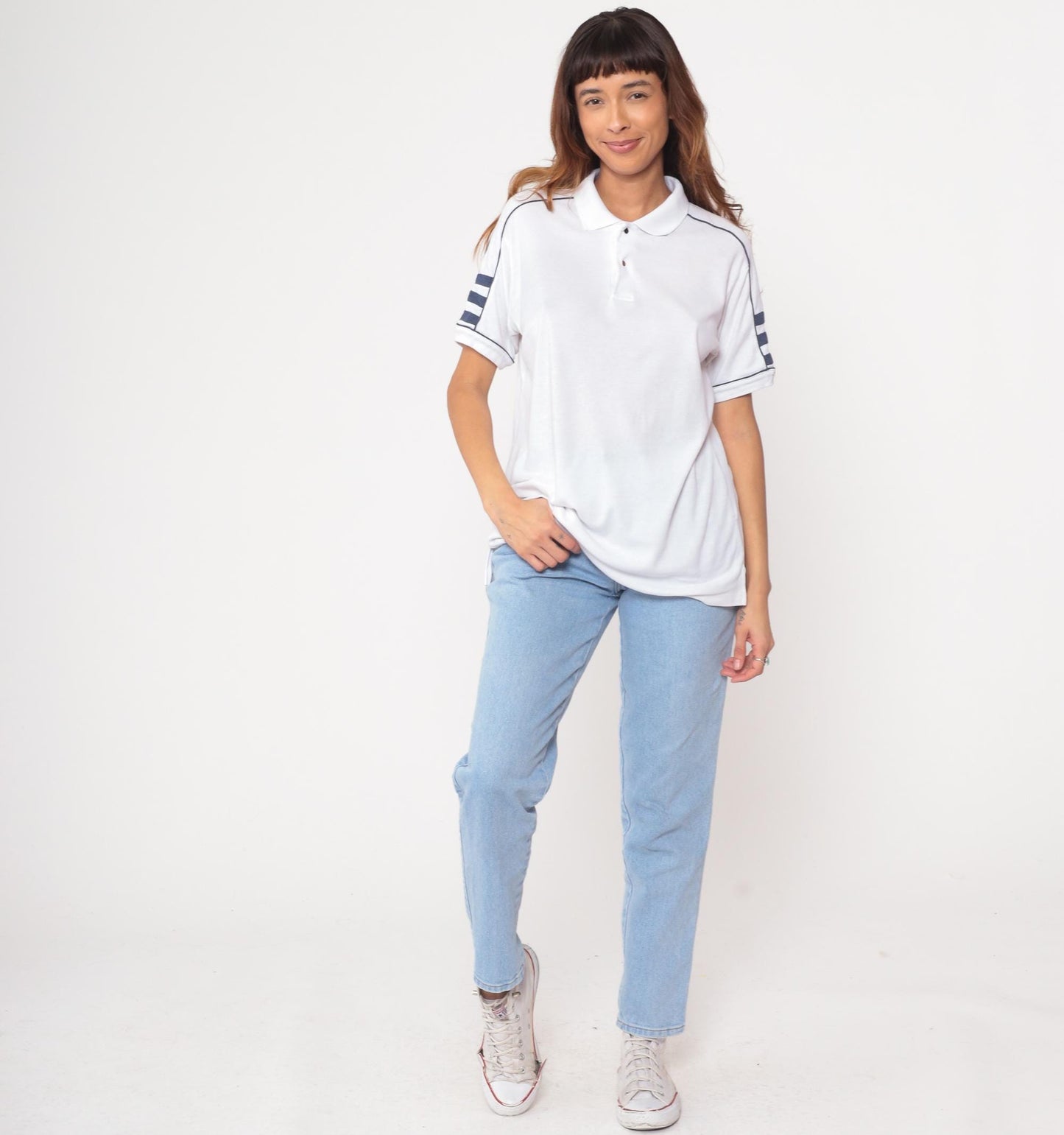 80s Private Club White Polo Shirt Navy Trim Short Sleeve Large L