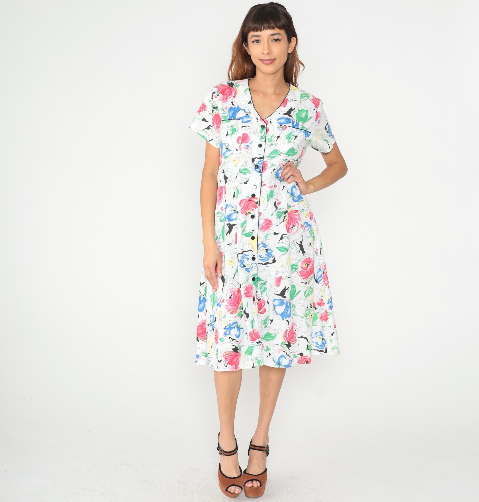 90s Charleston Rags Floral Midi Dress White Cotton Short Sleeve Medium
