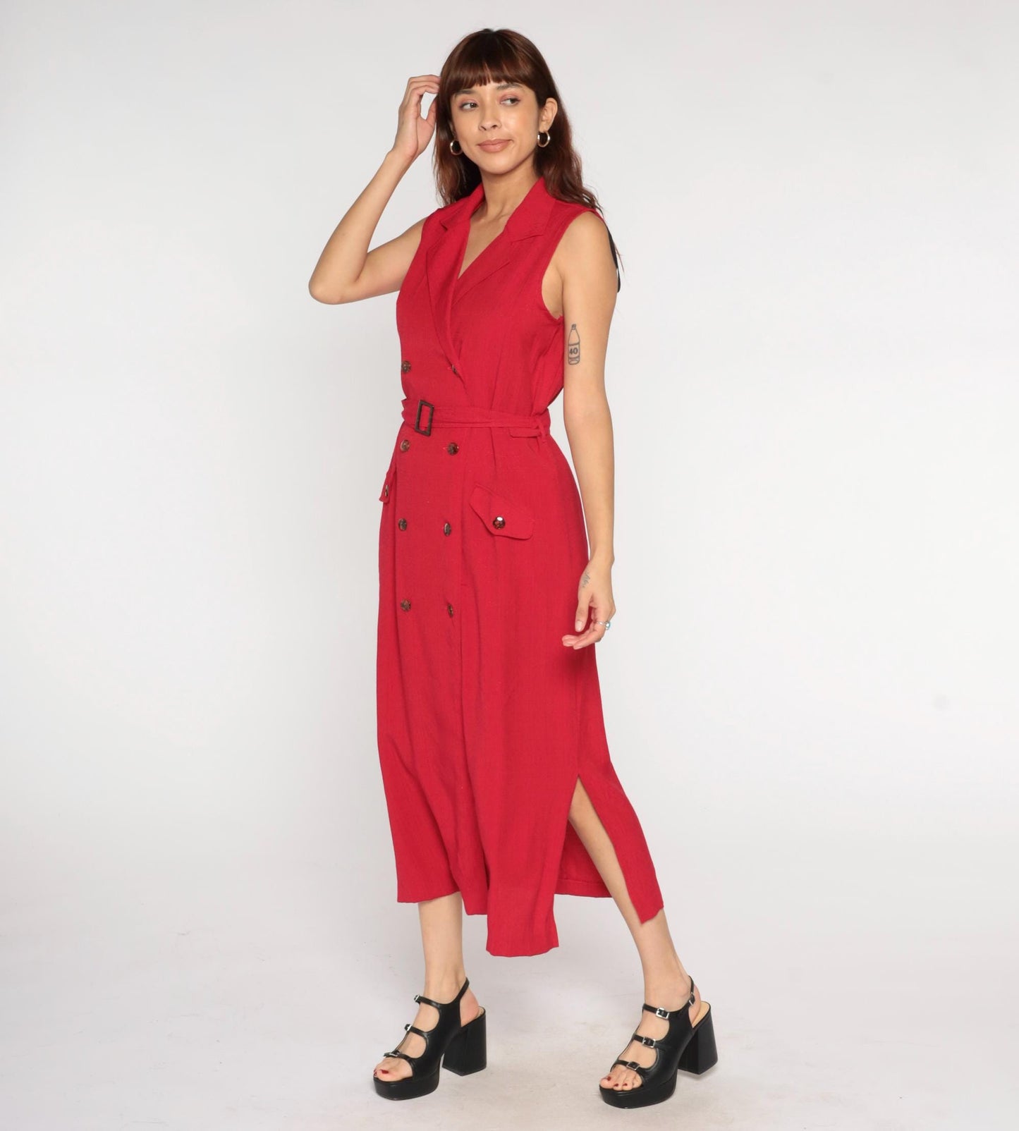 90s Sag Harbor Red Midi Dress Sleeveless Button Front Belted Notched Collar Large