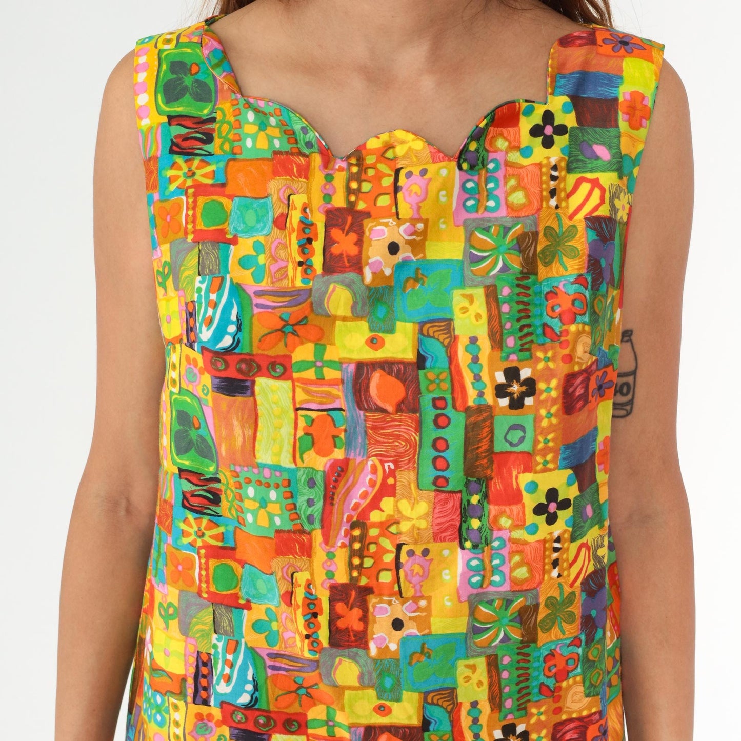 60s Psychedelic Patchwork Shift Dress Multicolor Geometric Mini Cotton Medium