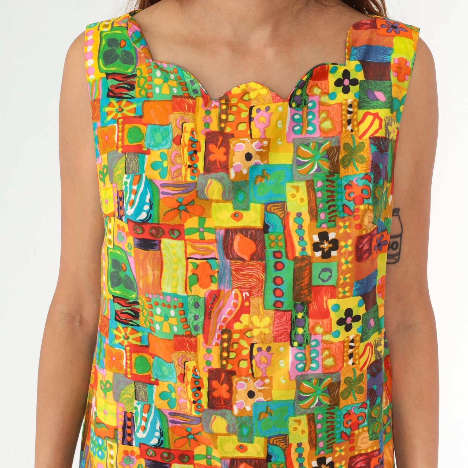 60s Psychedelic Patchwork Shift Dress Multicolor Geometric Mini Cotton Medium