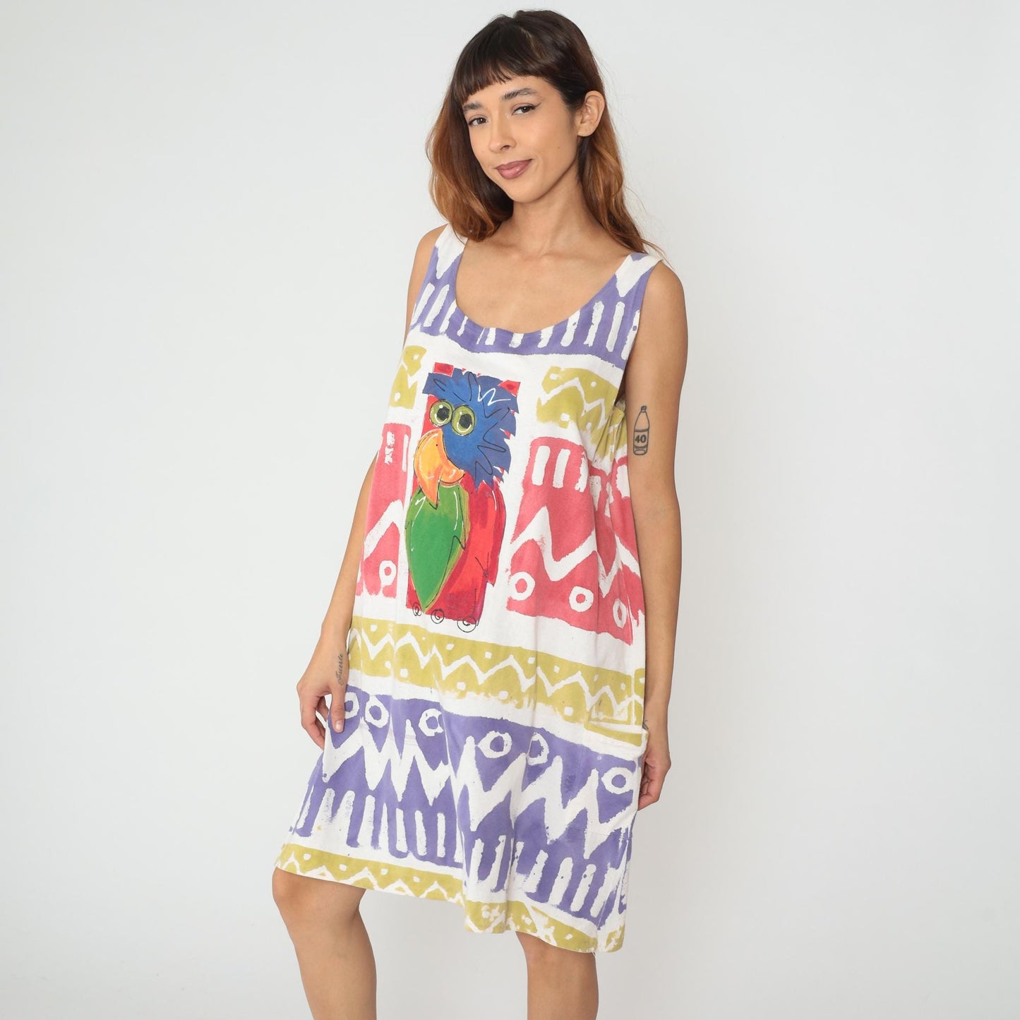 90s Parrot Shift Dress Knee Length Geometric Tribal Print Purple Yellow Pink Large