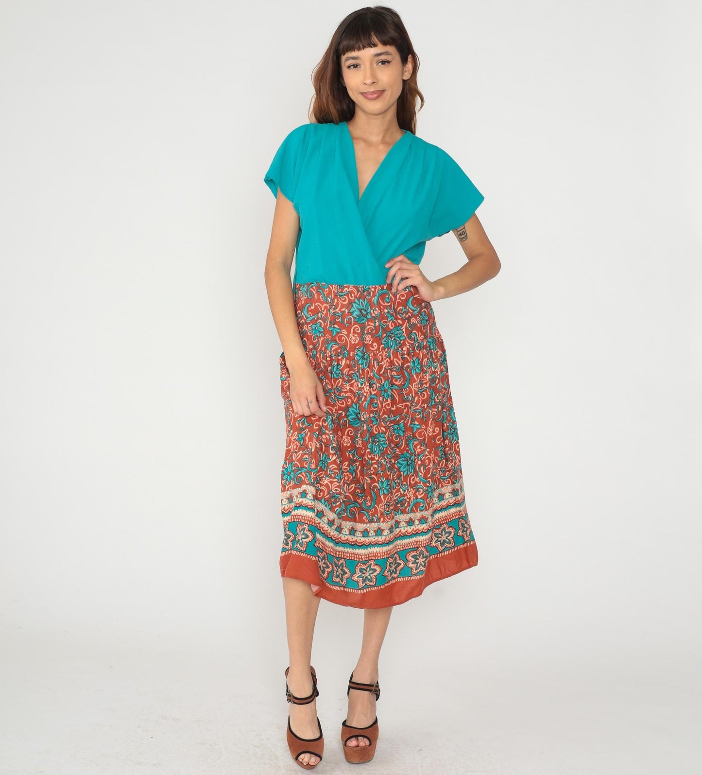 90s Caroline Wells Turquoise Floral Rayon Maxi Dress Short Sleeve Medium