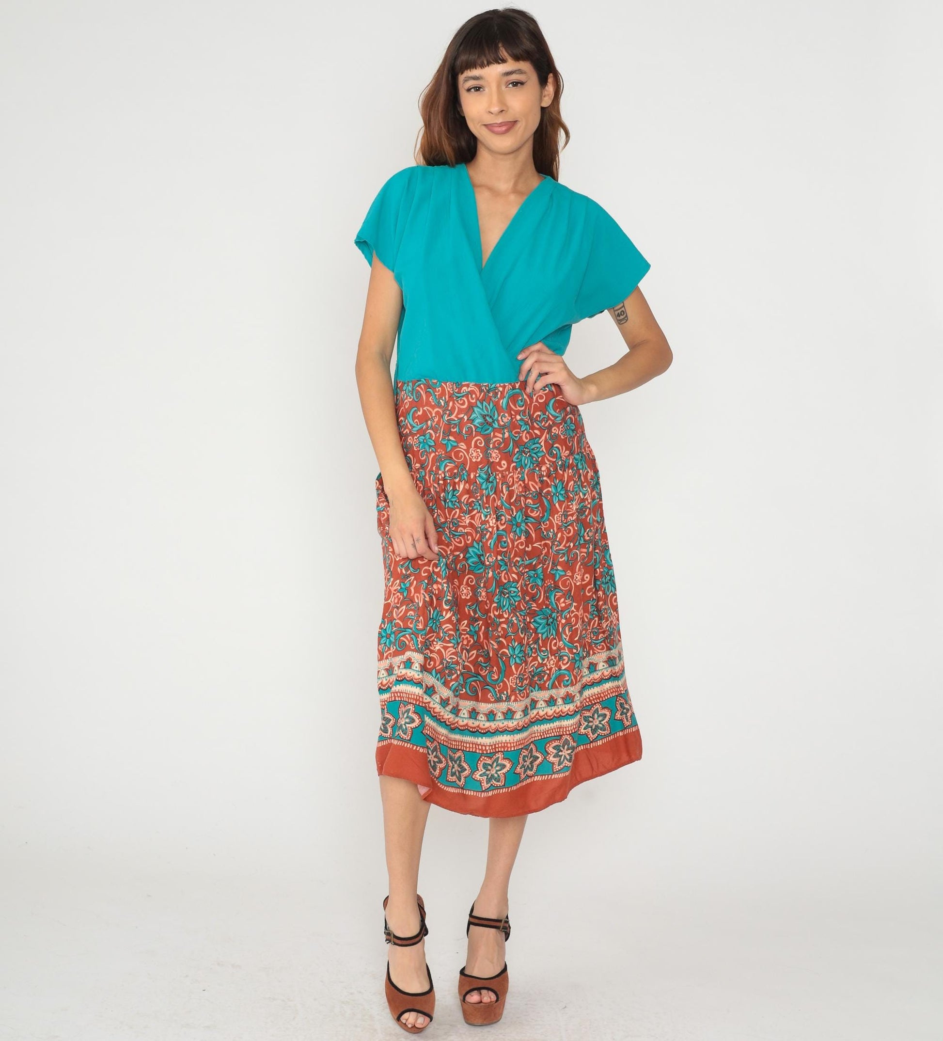 90s Caroline Wells Turquoise Floral Rayon Maxi Dress Short Sleeve Medium