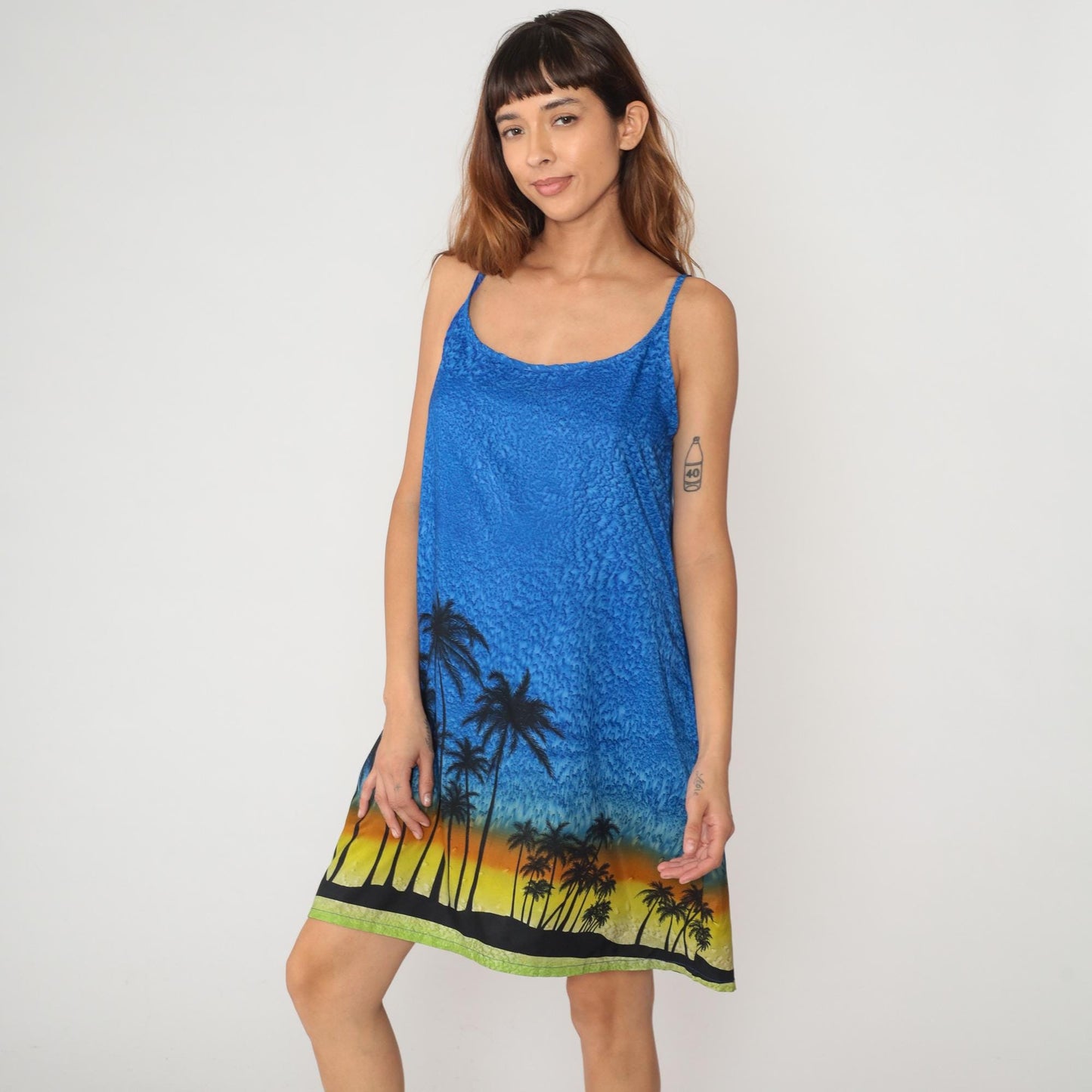 Y2K Blue Ombre Slip Dress Tropical Sunset Palm Tree Print Large L