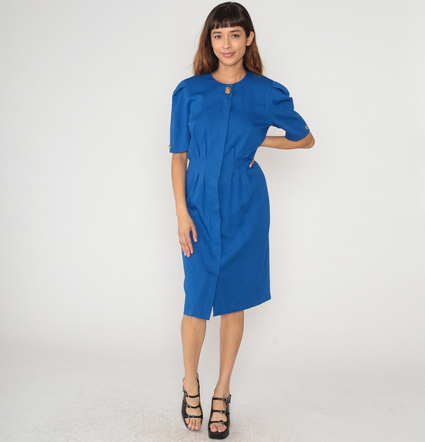 90s Royal Blue Secretary Dress Puff Sleeve Fitted Waist Knee-Length Medium