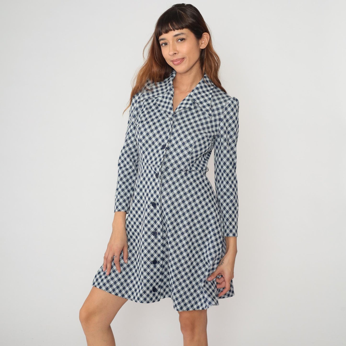 70s Blue White Gingham Check Dress Collared A-Line Long Sleeve Medium