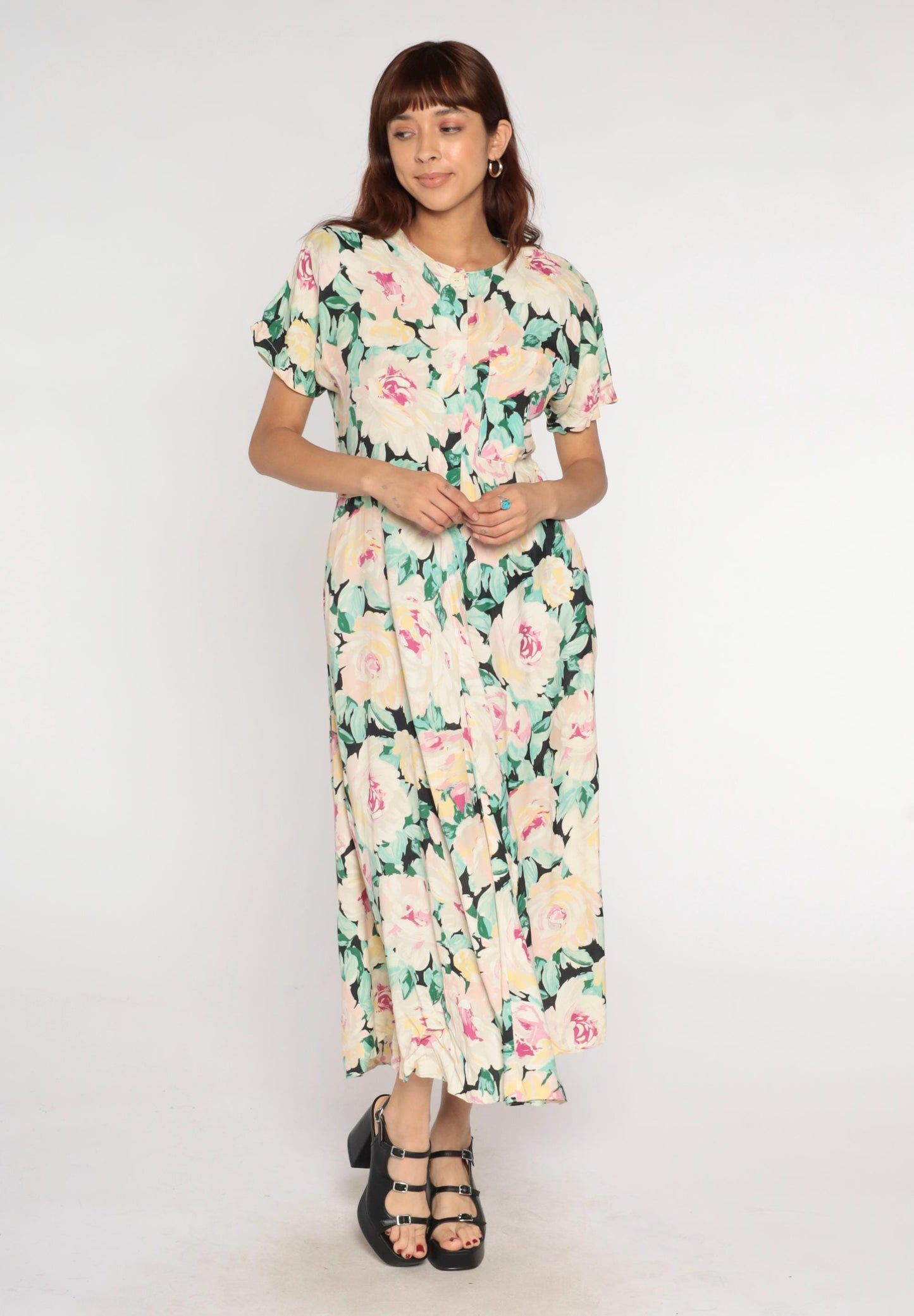 90s Carol Anderson Pastel Floral Maxi Dress Cream Pink Yellow Green Medium