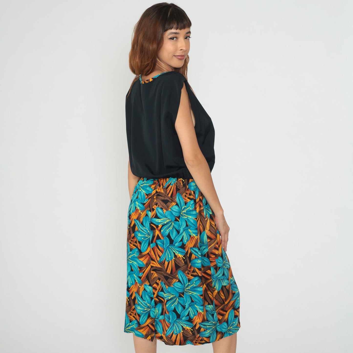 90s Tropical Floral Colorblock Sleeveless Dress Black Turquoise Large L