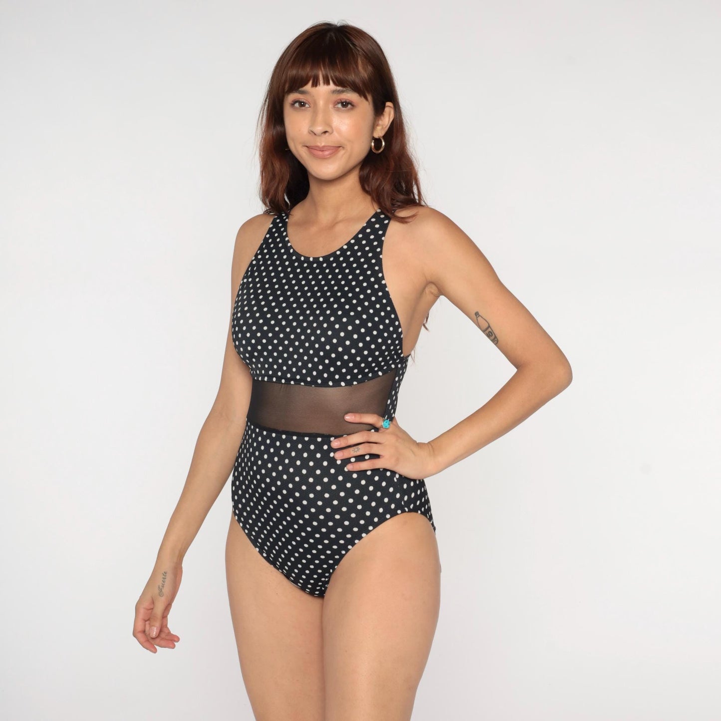 80s Jantzen Black White Polka Dot One-Piece Swimsuit Mesh Panel High Neck Size 12