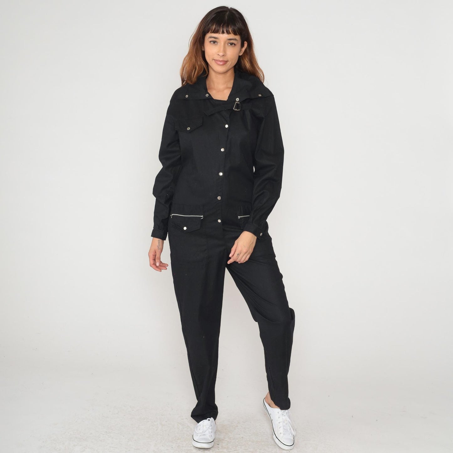 90s Nanci Jennifer Black Cotton Jumpsuit Utility Workwear Snap Medium