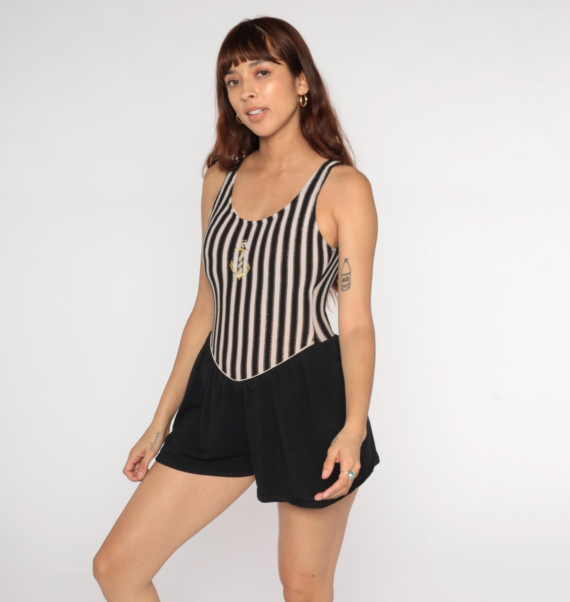 90s Tahiti Black White Striped Nautical One-Piece Swimsuit Anchor Medium