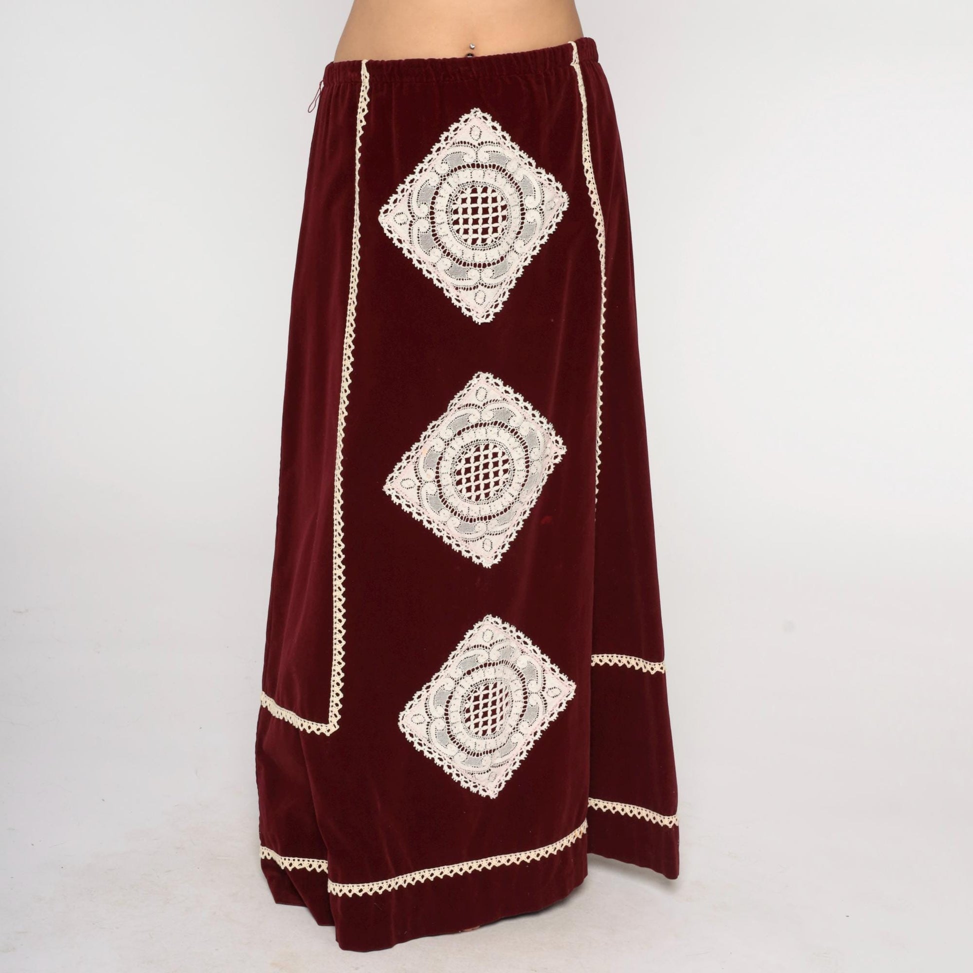 70s Belles of Ireland Burgundy Velvet Maxi Skirt Crochet Lace Trim Medium