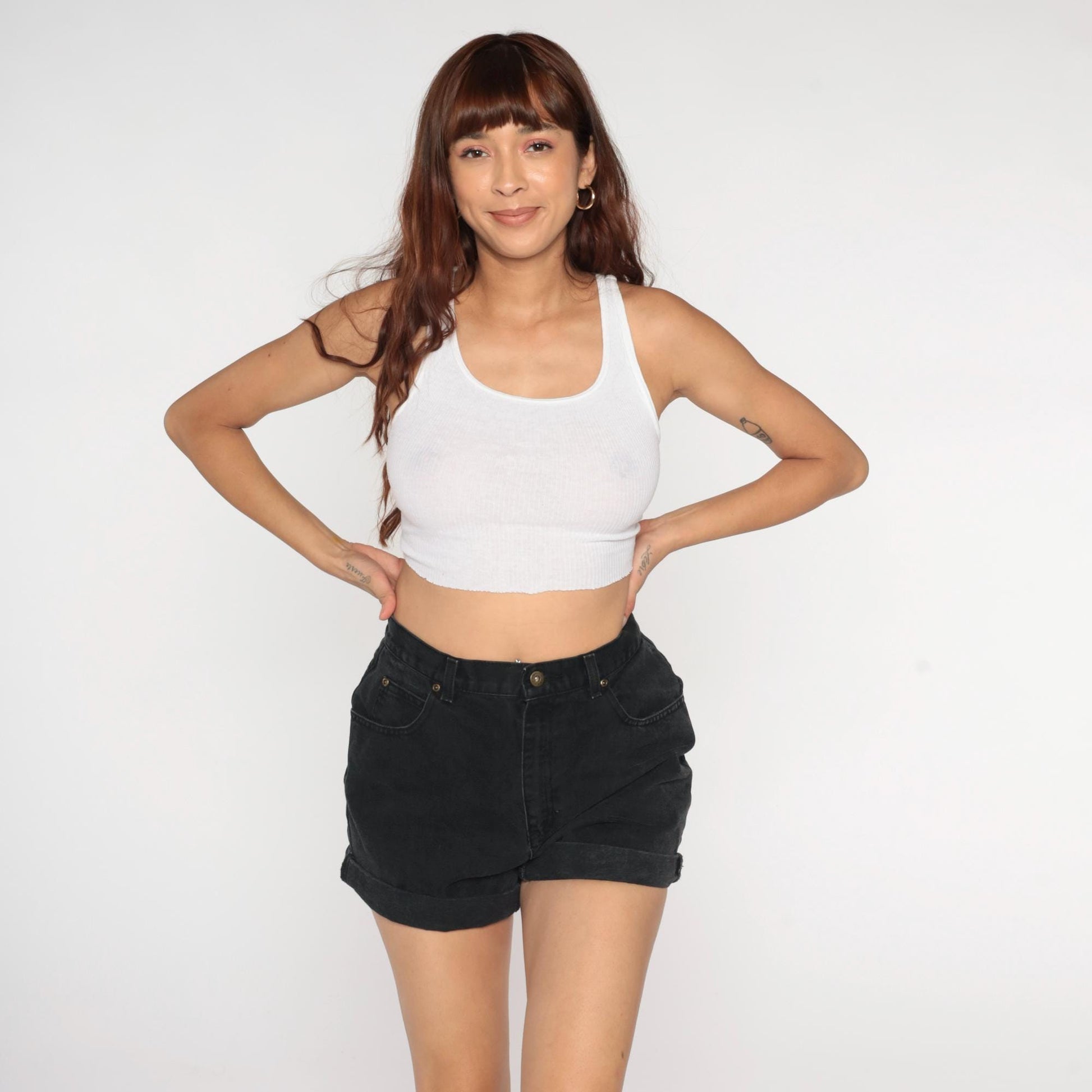 90s Liz Claiborne Black Denim Shorts High Waist Rolled Cuff Medium