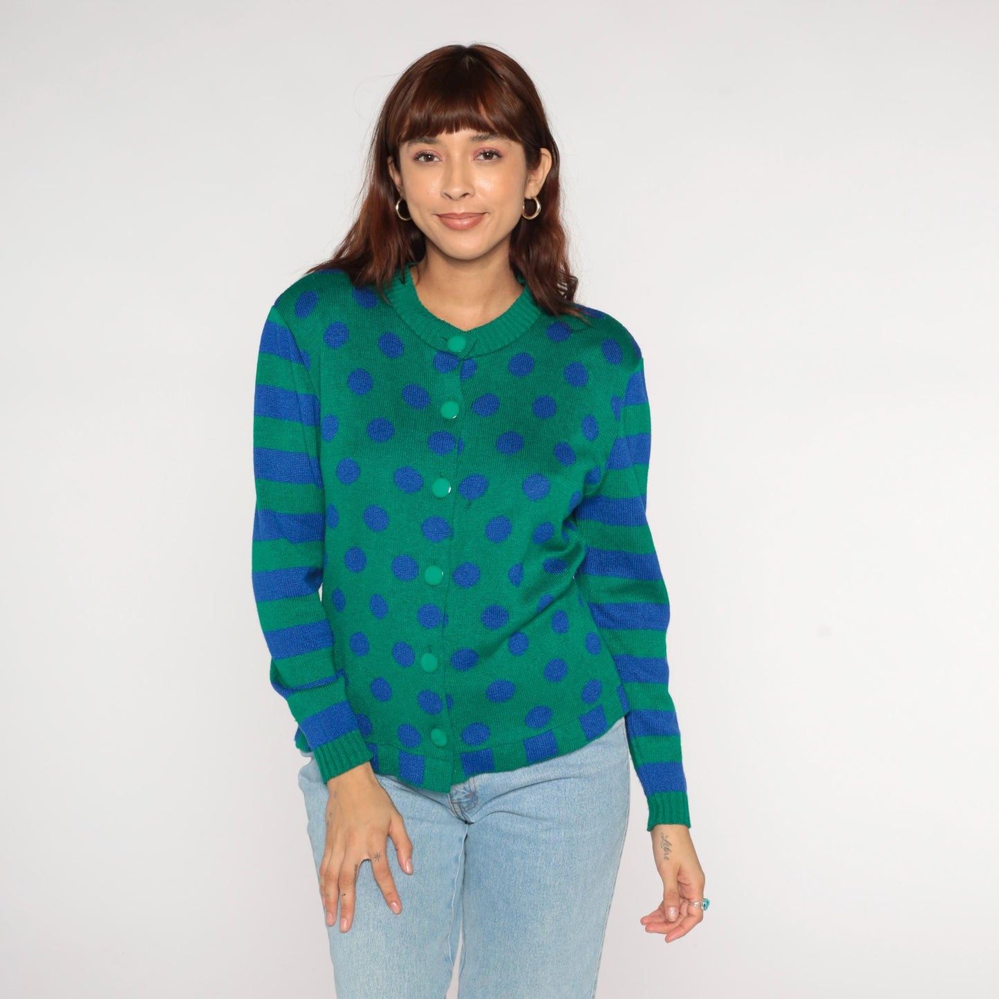 80s Ami Knits Cardigan Green Polka Dot Blue Striped Sleeves Large L
