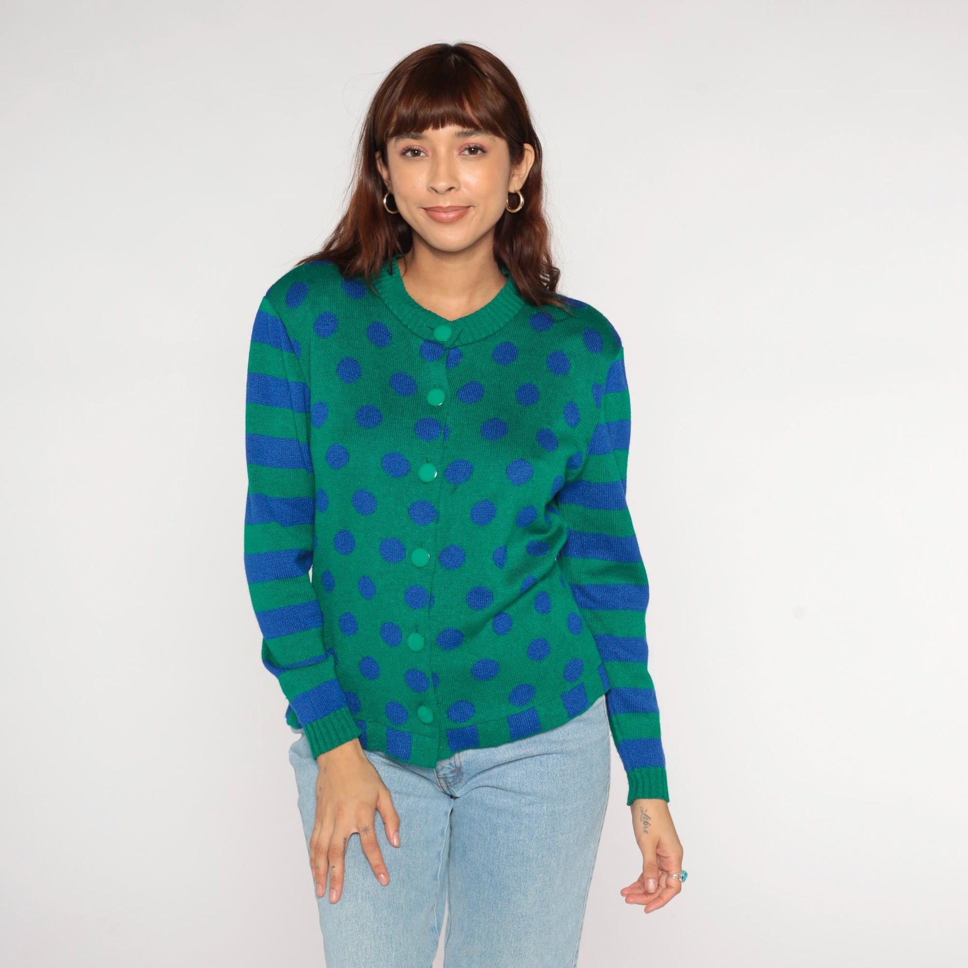 80s Ami Knits Cardigan Green Polka Dot Blue Striped Sleeves Large L