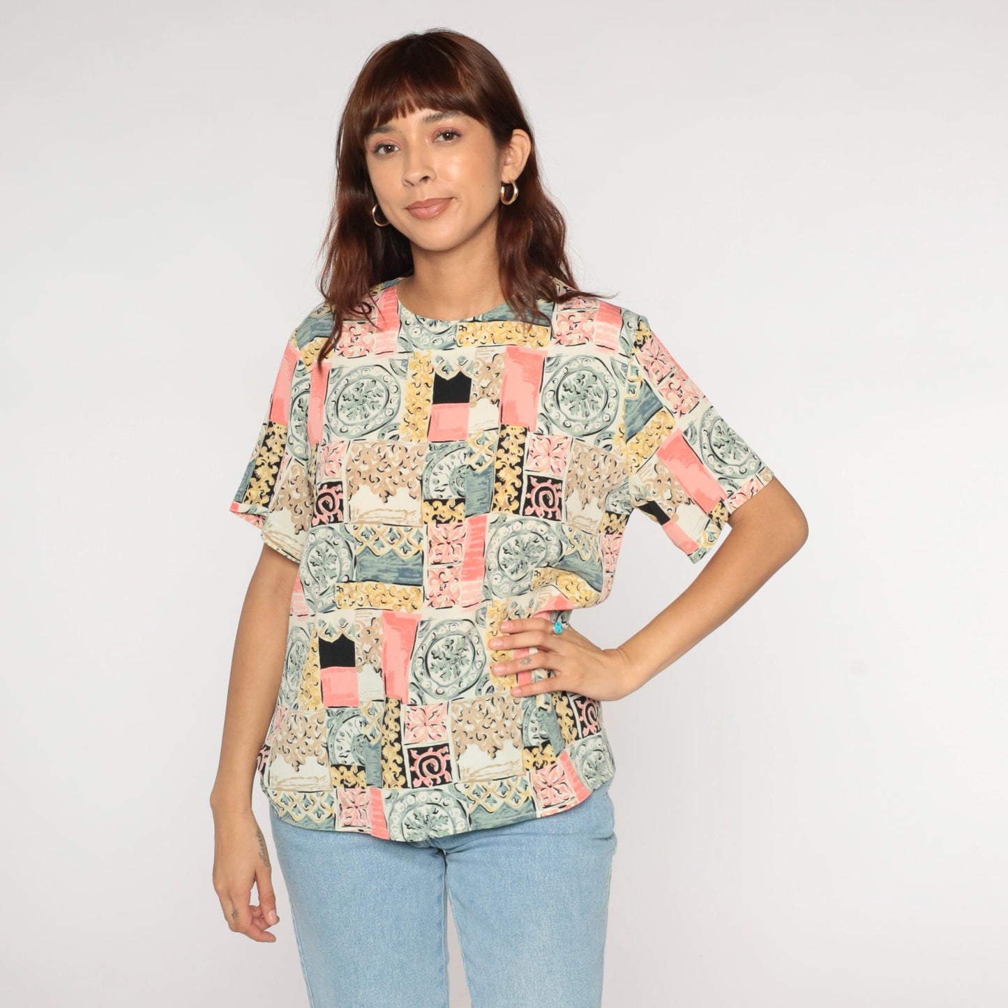 90s Patchwork Tile Print Blouse Pastel Geometric Short-Sleeve Large L