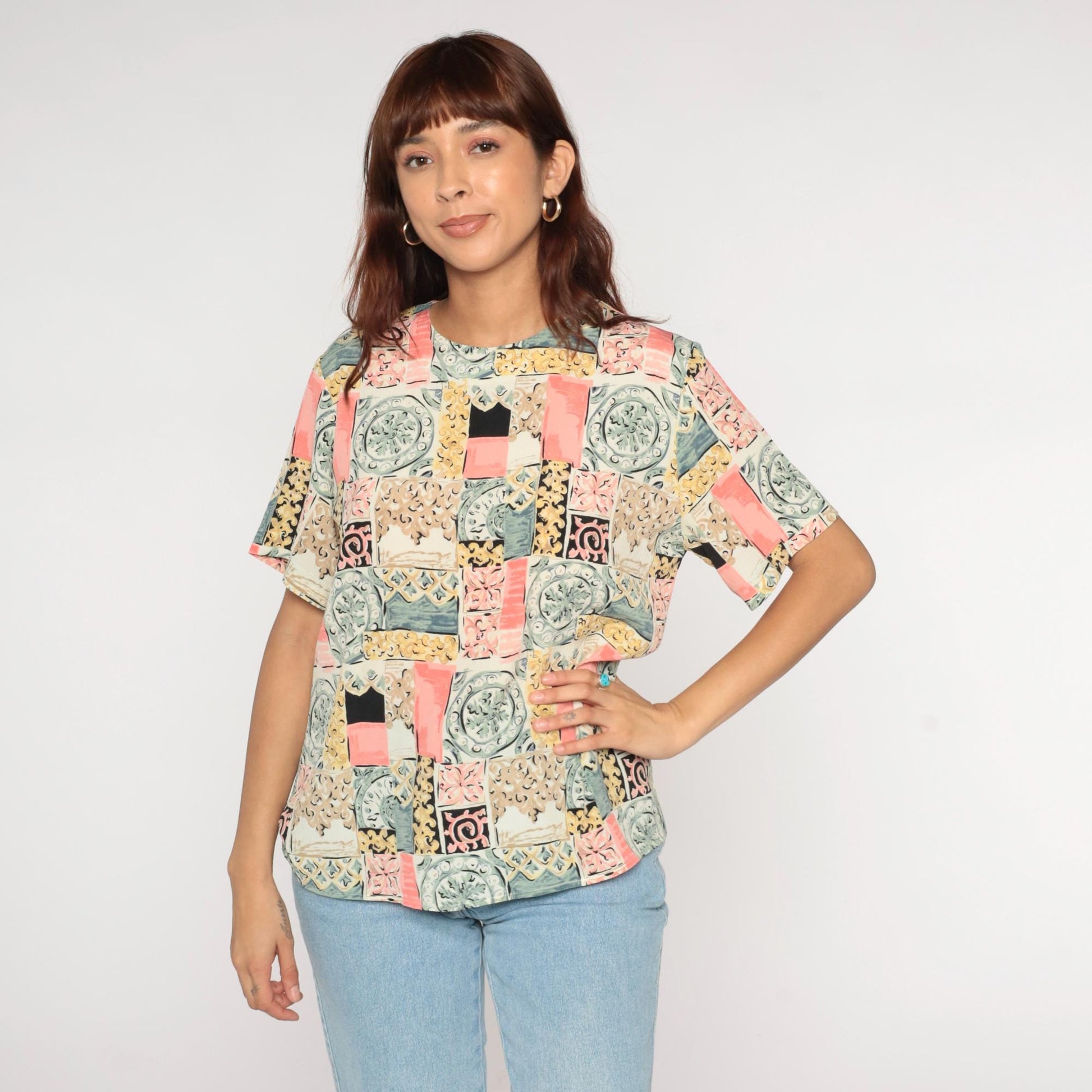 90s Patchwork Tile Print Blouse Pastel Geometric Short-Sleeve Large L