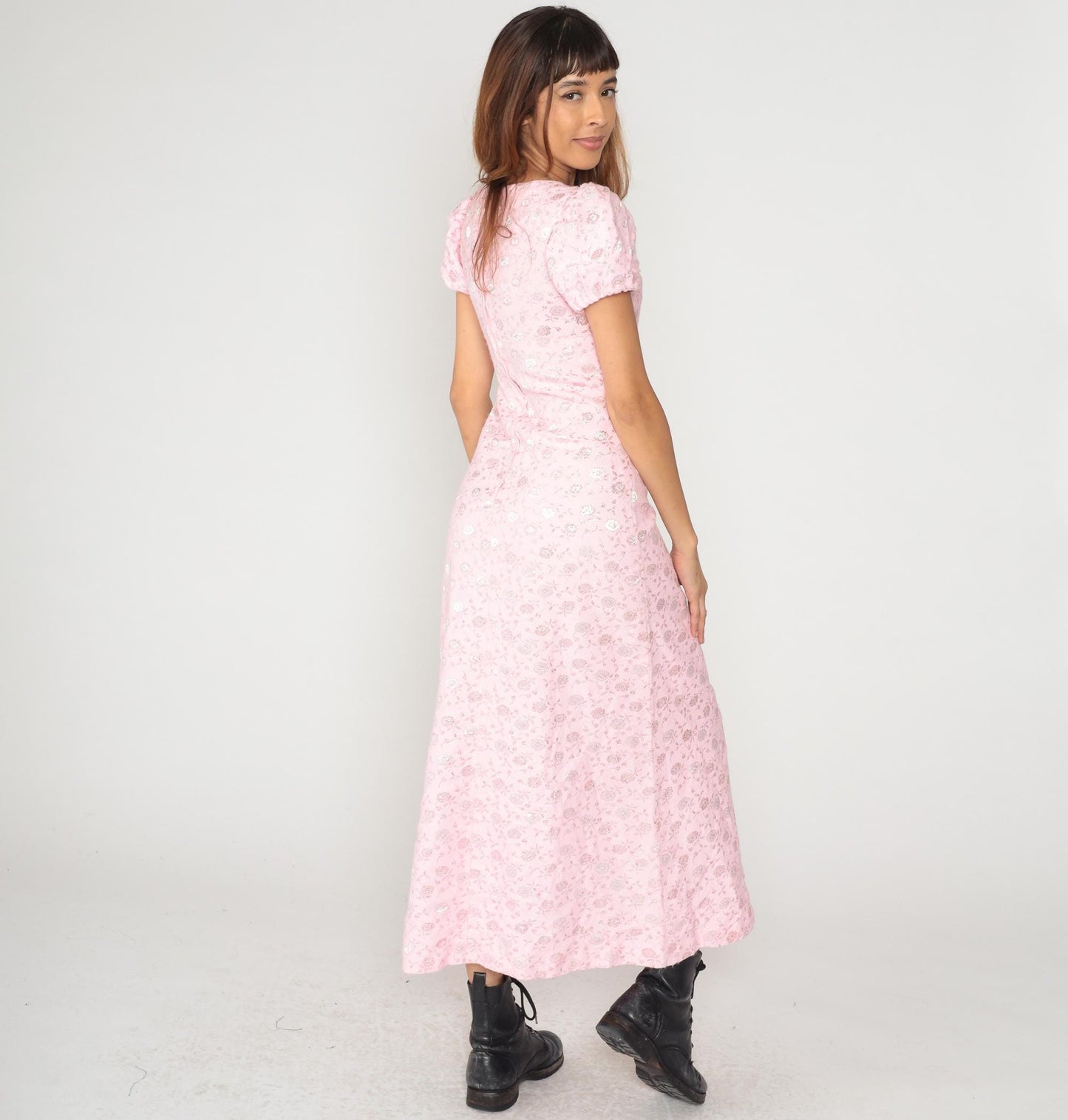 70s Pink Floral Maxi Dress Metallic Jacquard Puff Sleeve Small